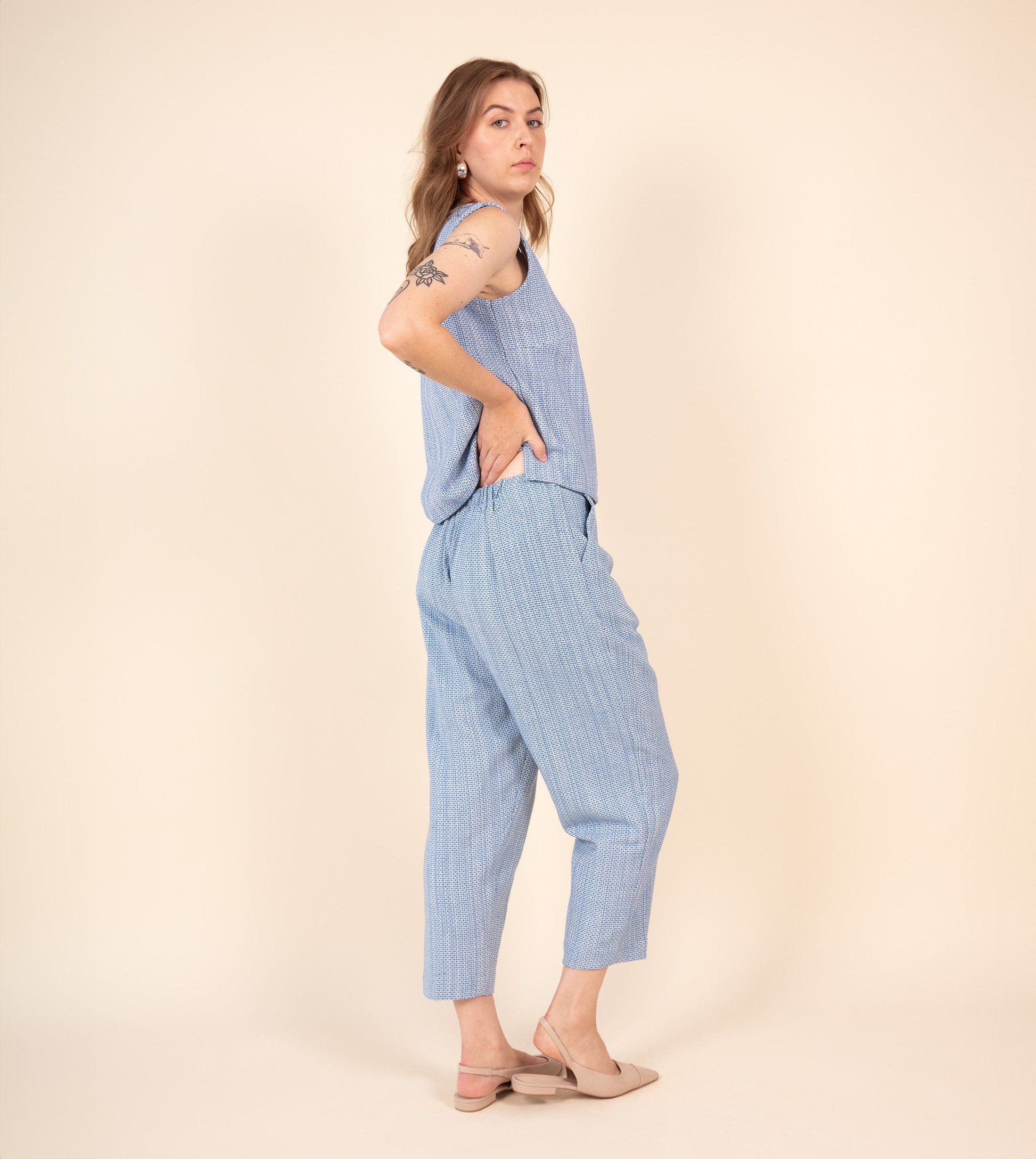 Haru Pants Cobalt Texture - Harkoi Studio - Upgrade your wardrobe with the Haru Pants in cobalt texture. Keywords: sustainable pants, eco-friendly trousers, Haru Pants, cobalt textured pants, ethical fashion.