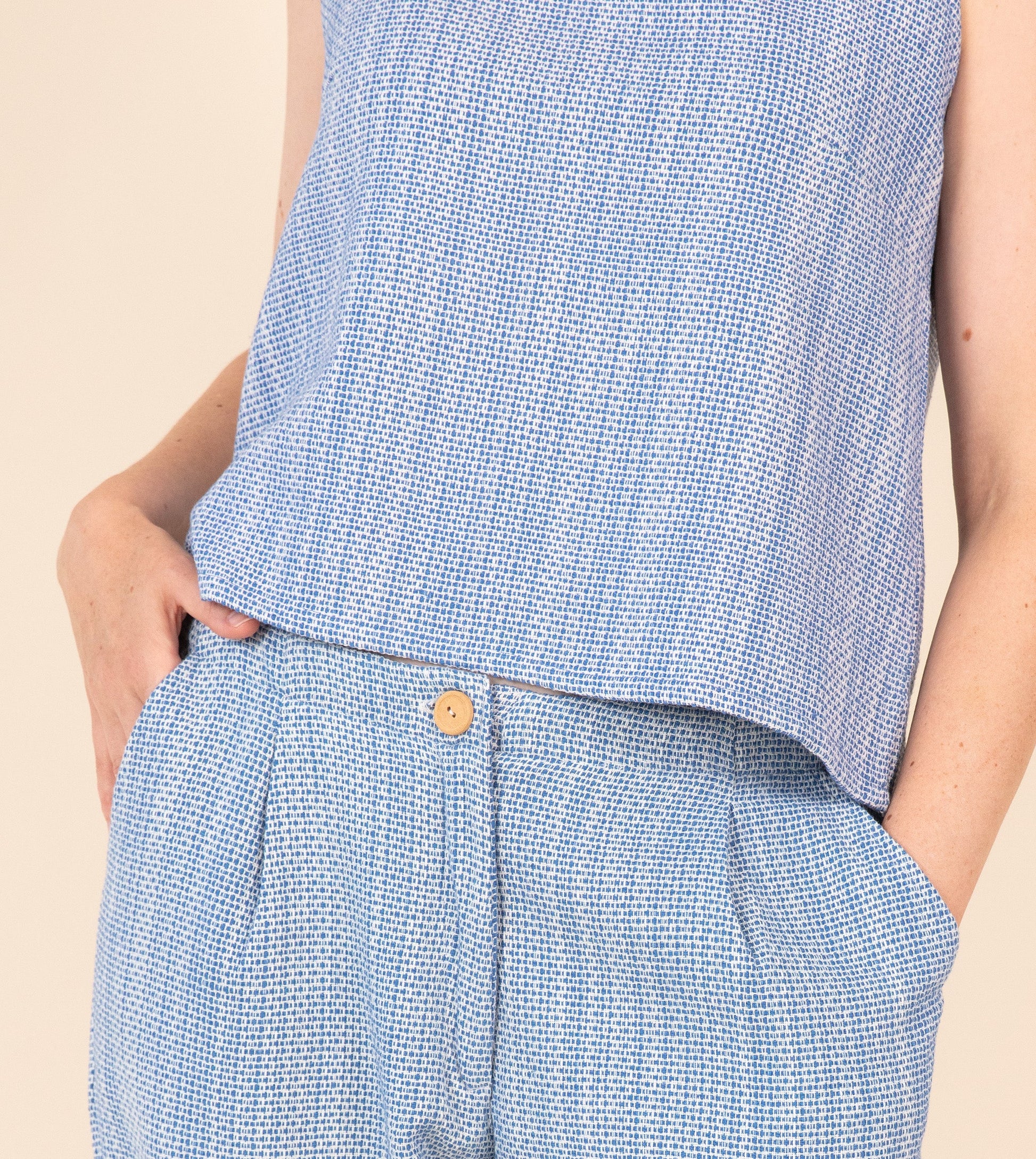 Haru Pants Cobalt Texture - Harkoi Studio - Upgrade your wardrobe with the Haru Pants in cobalt texture. Keywords: sustainable pants, eco-friendly trousers, Haru Pants, cobalt textured pants, ethical fashion.