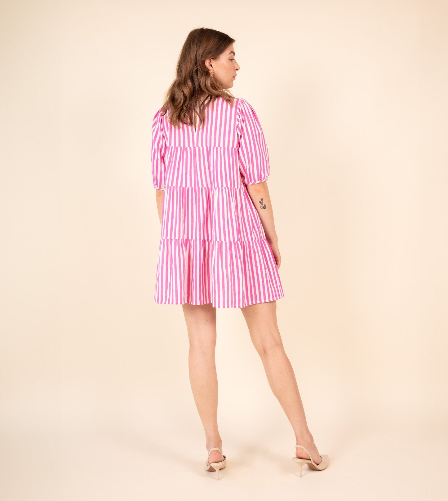 Stripes Asa Dress Pink | Harkoi Studio - Brighten your wardrobe with the Stripes Asa Dress in vibrant pink. Keywords: sustainable dress, eco-friendly fashion, striped dress, pink dress, ethical clothing.