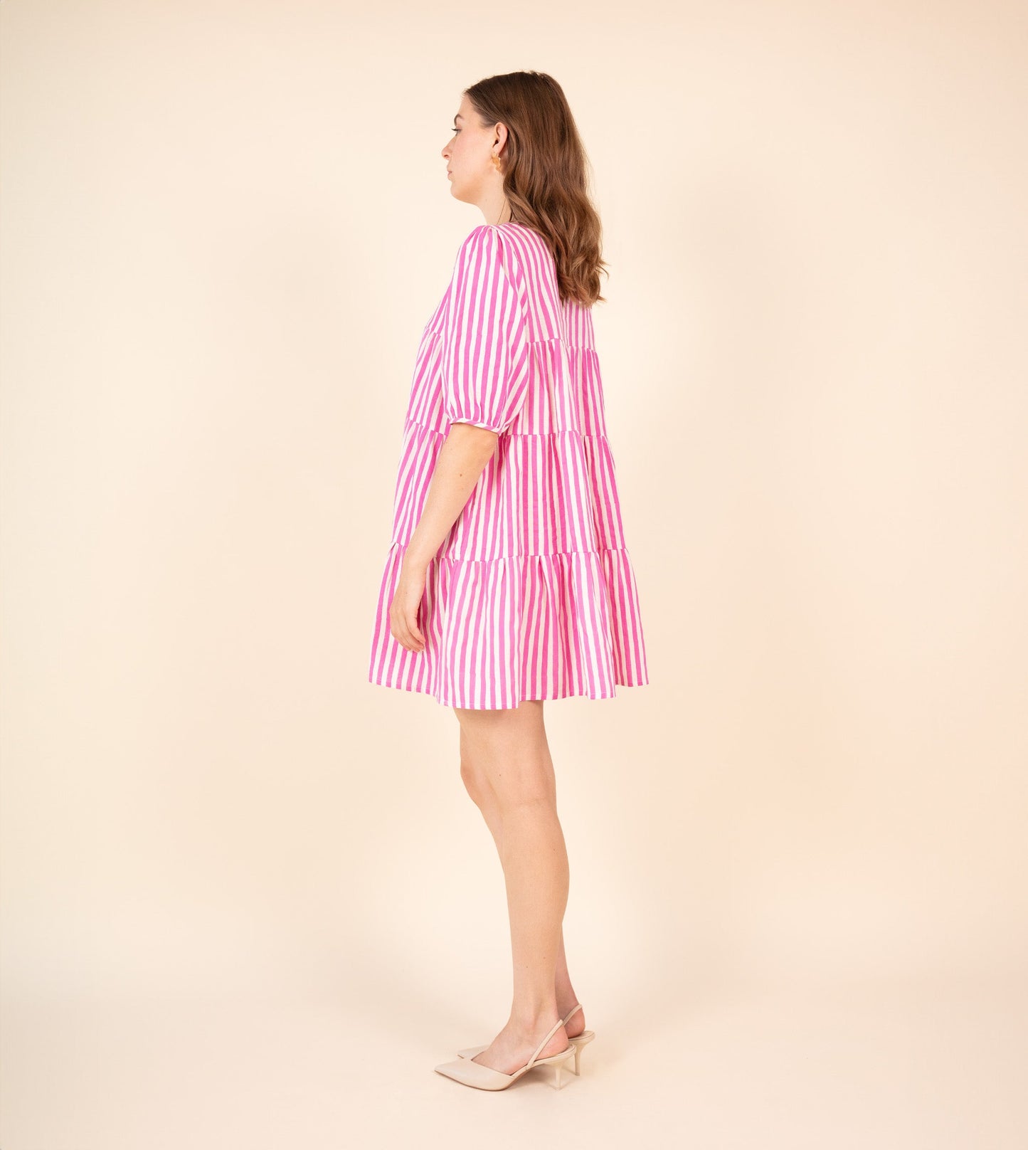 Stripes Asa Dress Pink | Harkoi Studio - Brighten your wardrobe with the Stripes Asa Dress in vibrant pink. Keywords: sustainable dress, eco-friendly fashion, striped dress, pink dress, ethical clothing.