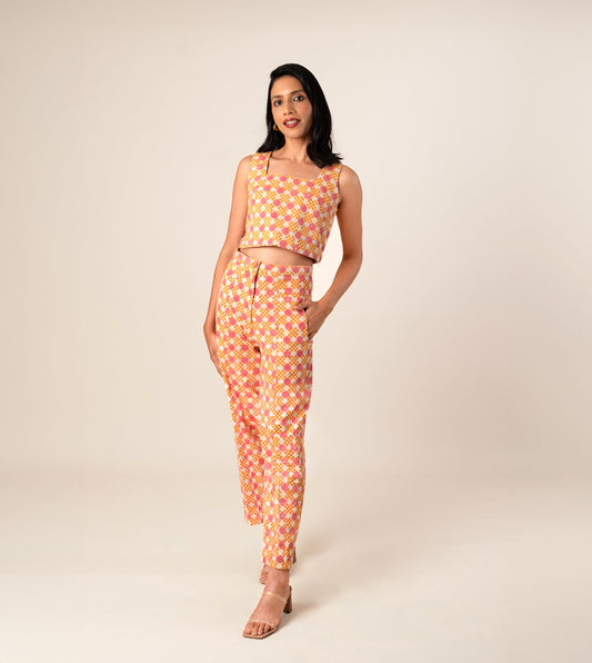 Emi Pants Floral Gingham - Harkoi Studio - Embrace effortless style with the Emi Pants in floral gingham. Keywords: sustainable pants, eco-friendly trousers, Emi Pants, floral gingham trousers, ethical fashion.