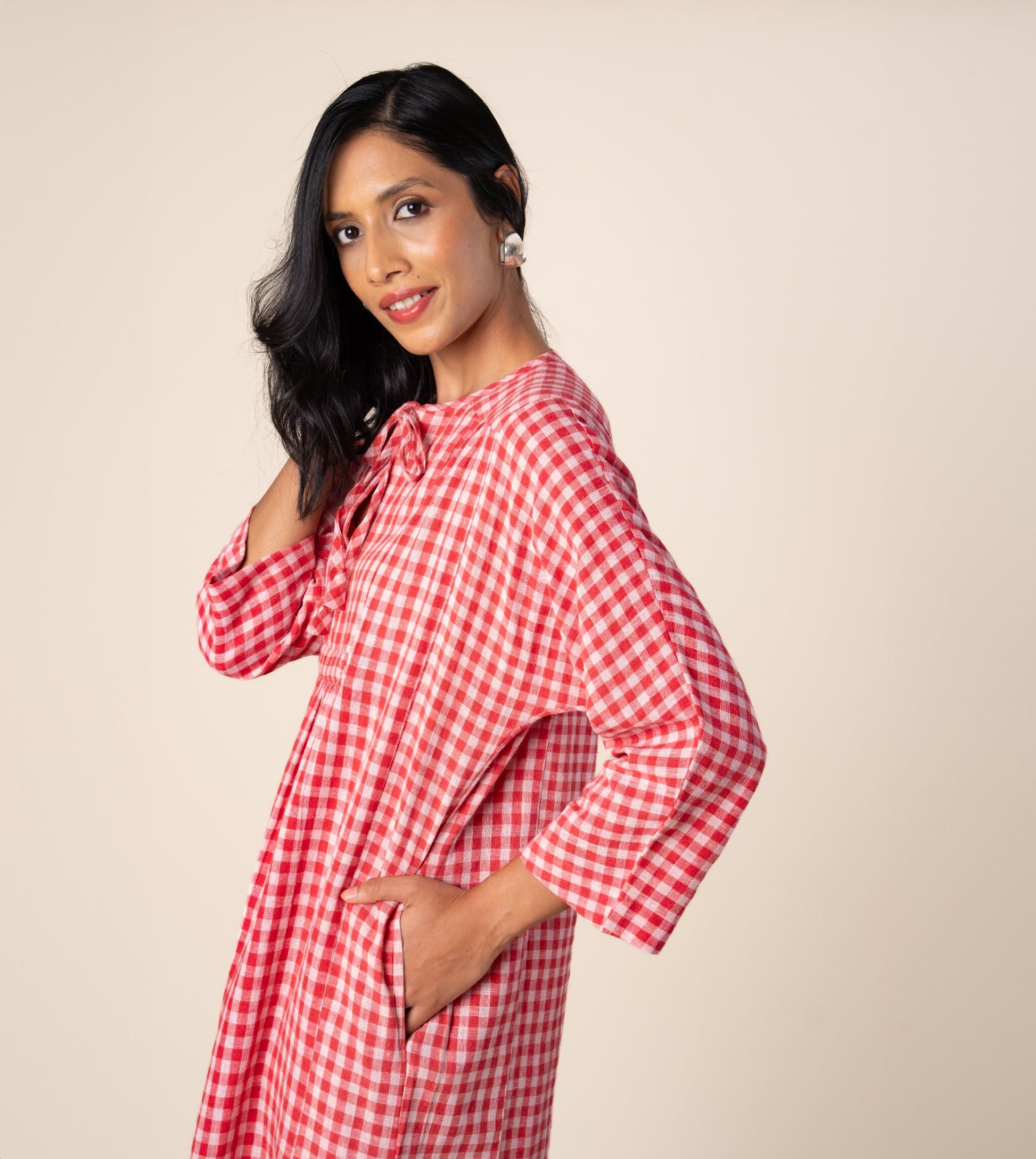 Kiyo Dress Gingham - Harkoi Studio - Step into effortless elegance with the Kiyo Dress in gingham. Keywords: sustainable dress, eco-friendly fashion, Kiyo Dress, gingham dress, ethical clothing.