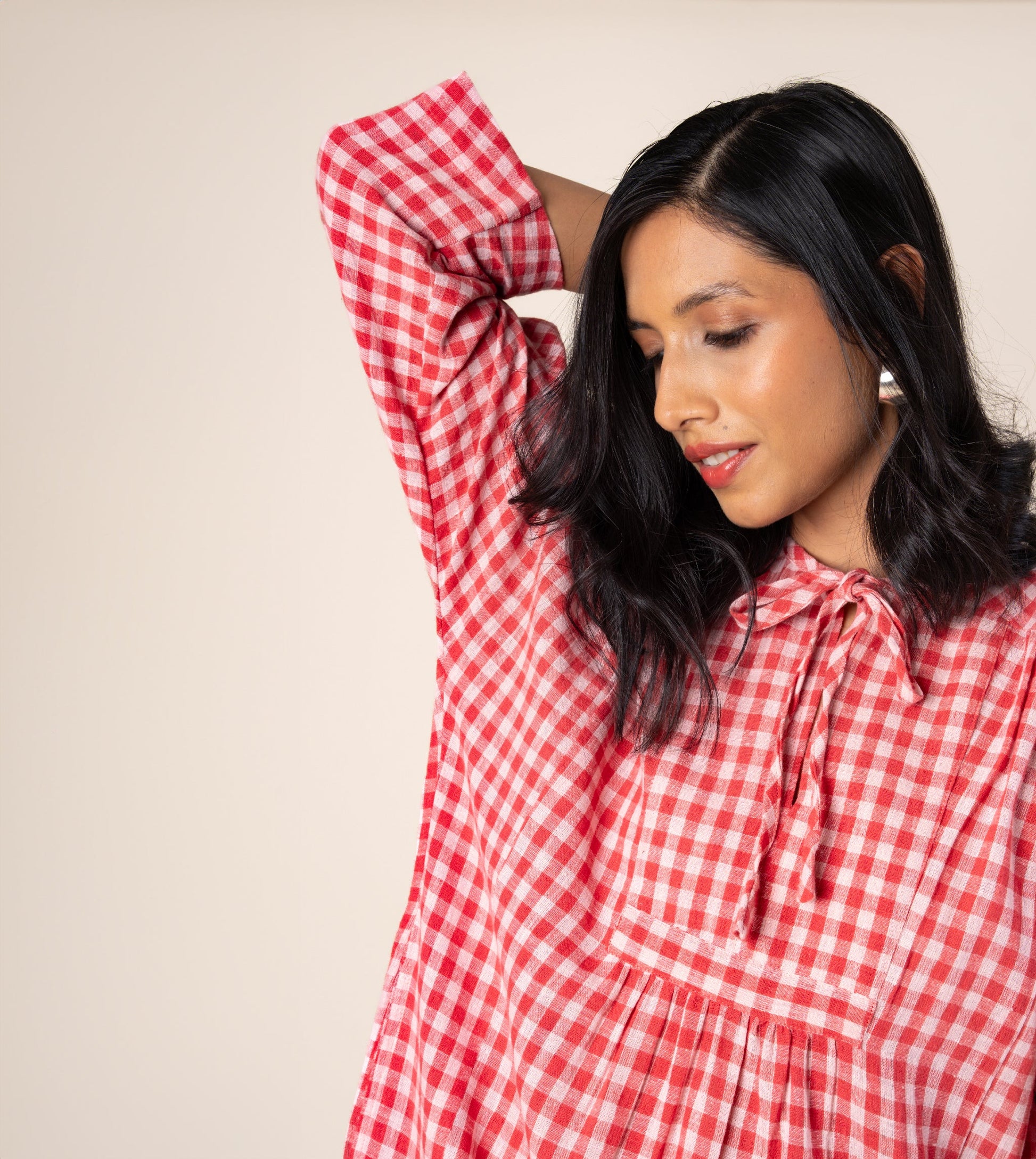 Kiyo Dress Gingham - Harkoi Studio - Step into effortless elegance with the Kiyo Dress in gingham. Keywords: sustainable dress, eco-friendly fashion, Kiyo Dress, gingham dress, ethical clothing.
