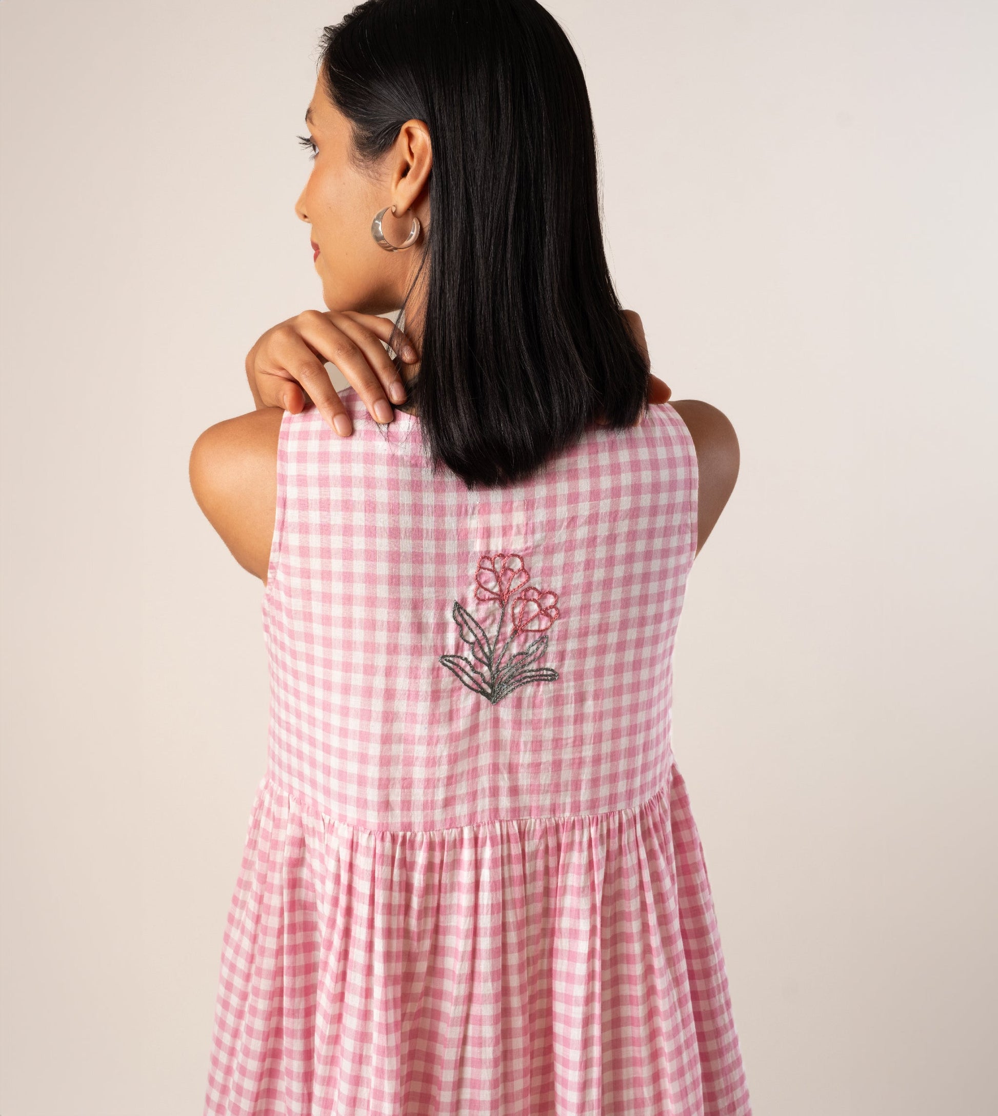Suki Dress Gingham Embroidered - Harkoi Studio - Step into effortless elegance with the Suki Dress in embroidered gingham. Keywords: sustainable dress, eco-friendly clothing, Suki Dress, embroidered gingham dress, ethical fashion.