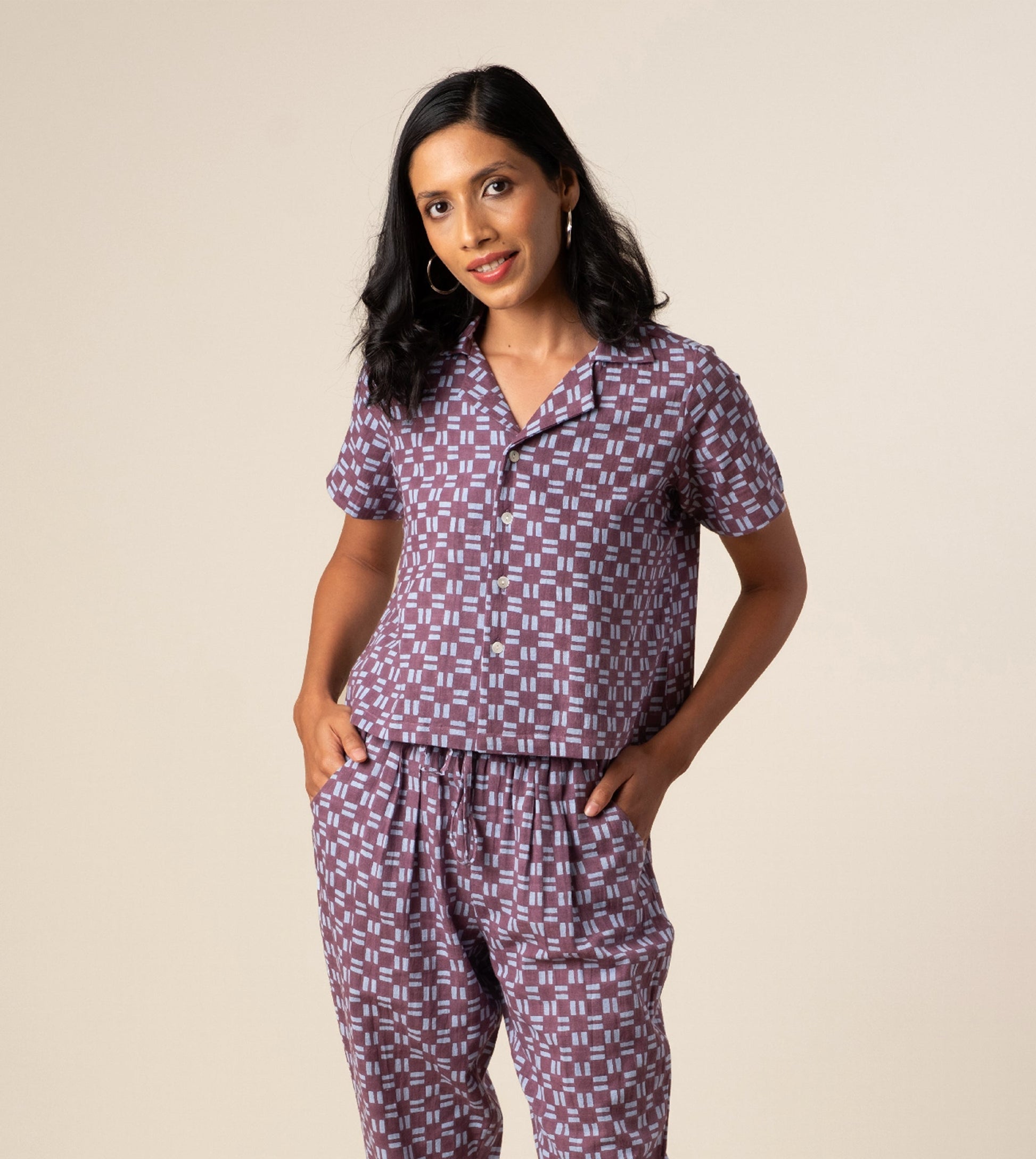 Rin Top in Dashing Check ? a handcrafted, sustainable women's camp collar top made from organic, hand-loomed 'kala' cotton. Ethically made in India.