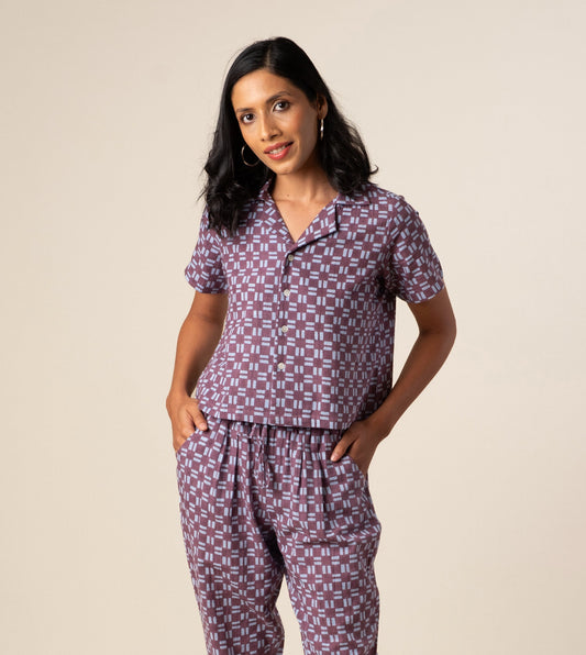 Rin Top in Dashing Check ? a handcrafted, sustainable women's camp collar top made from organic, hand-loomed 'kala' cotton. Ethically made in India.