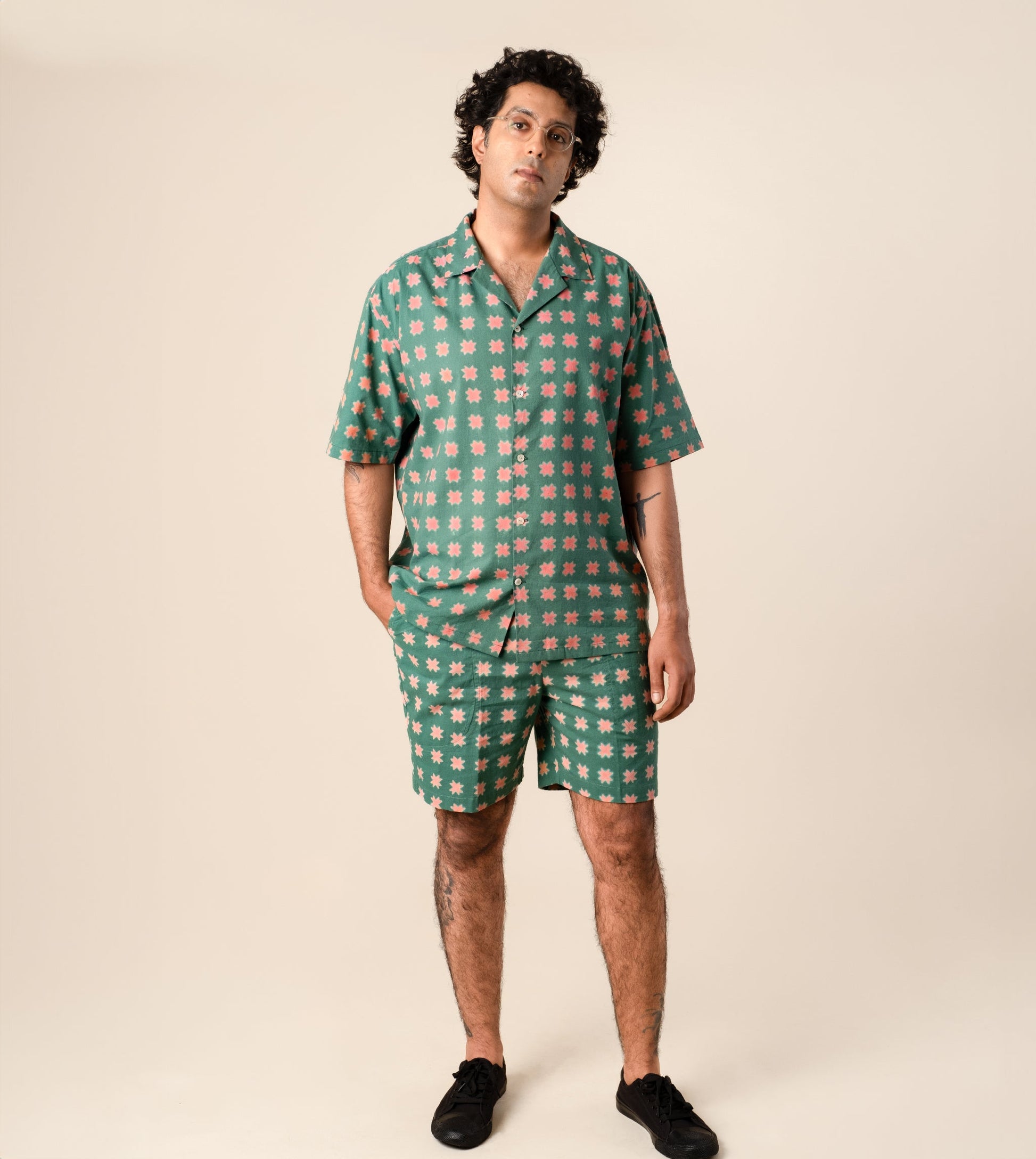 Ina Mens Shorts Star - Harkoi Studio - Step up your summer style with the Ina Mens Shorts in star print. Keywords: sustainable mens shorts, eco-friendly fashion, Ina Shorts, star print shorts, ethical clothing.