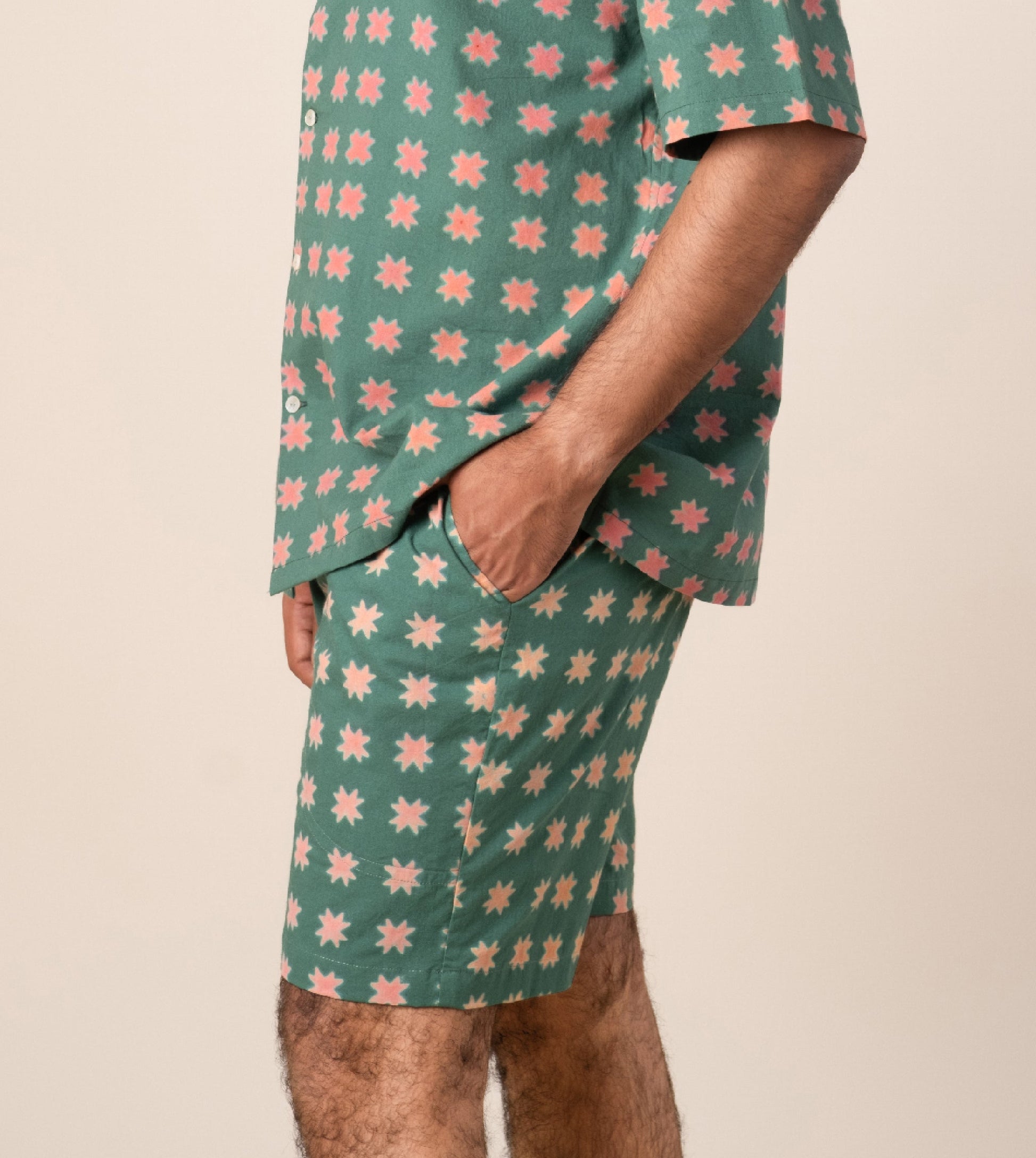 Ina Mens Shorts Star - Harkoi Studio - Step up your summer style with the Ina Mens Shorts in star print. Keywords: sustainable mens shorts, eco-friendly fashion, Ina Shorts, star print shorts, ethical clothing.