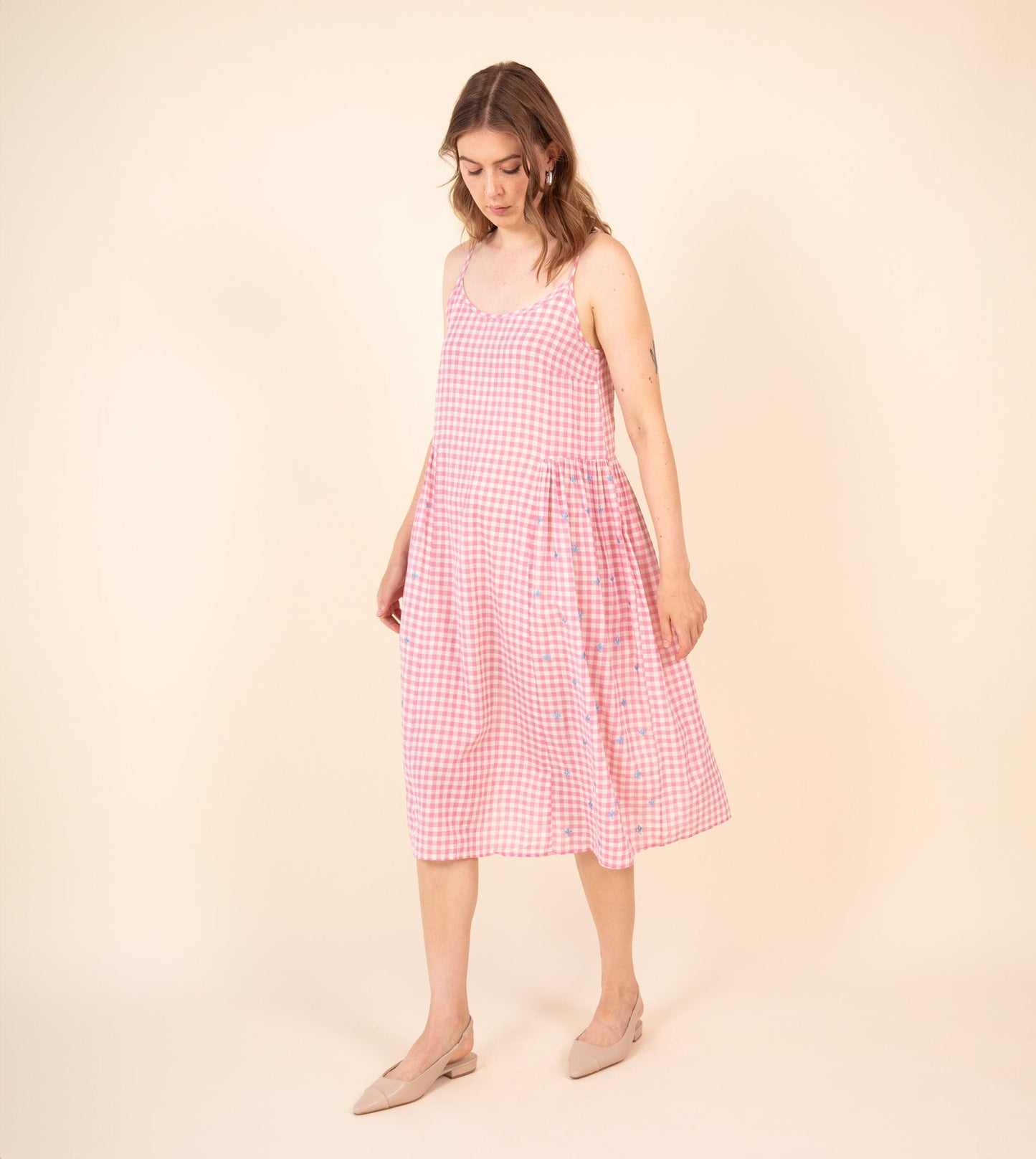 Suki Dress Gingham Embroidered | Harkoi Studio - Elevate your wardrobe with the Suki Dress in embroidered gingham. Keywords: sustainable dress, eco-friendly fashion, embroidered gingham dress, Suki Dress, ethical clothing.