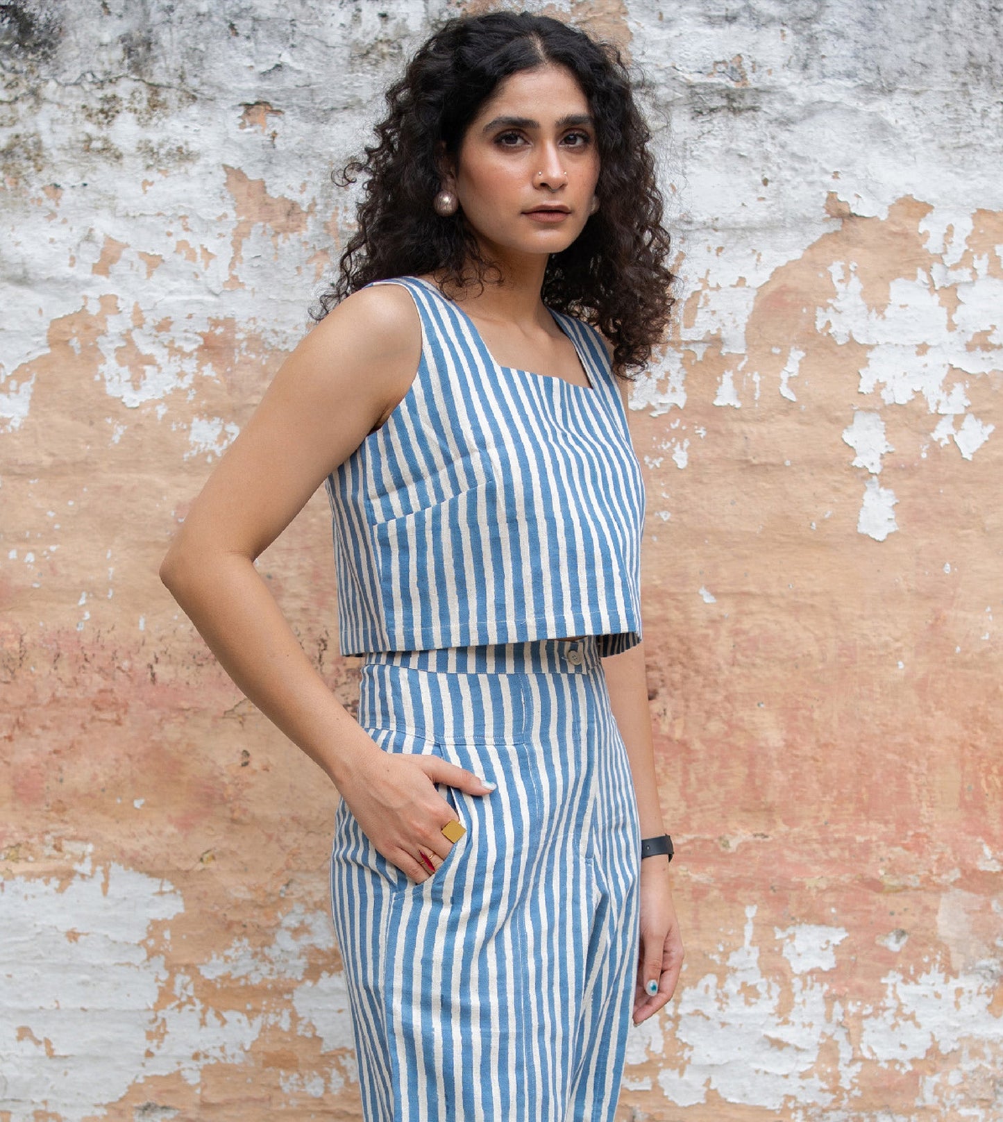 Mei Top Blue Stripes - Harkoi Studio - Upgrade your wardrobe with the Mei Top in blue stripes. Keywords: sustainable blouse, eco-friendly top, Mei Top, blue striped blouse, ethical fashion.