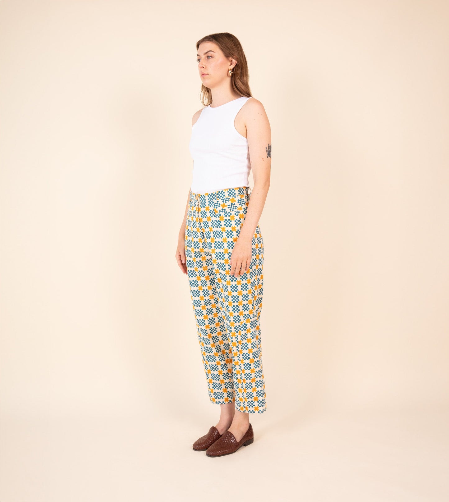 Emi Pants Star Gingham - Harkoi Studio - Add a playful touch to your wardrobe with the Emi Pants in star gingham. Keywords: sustainable pants, eco-friendly trousers, Emi Pants, star gingham trousers, ethical fashion.