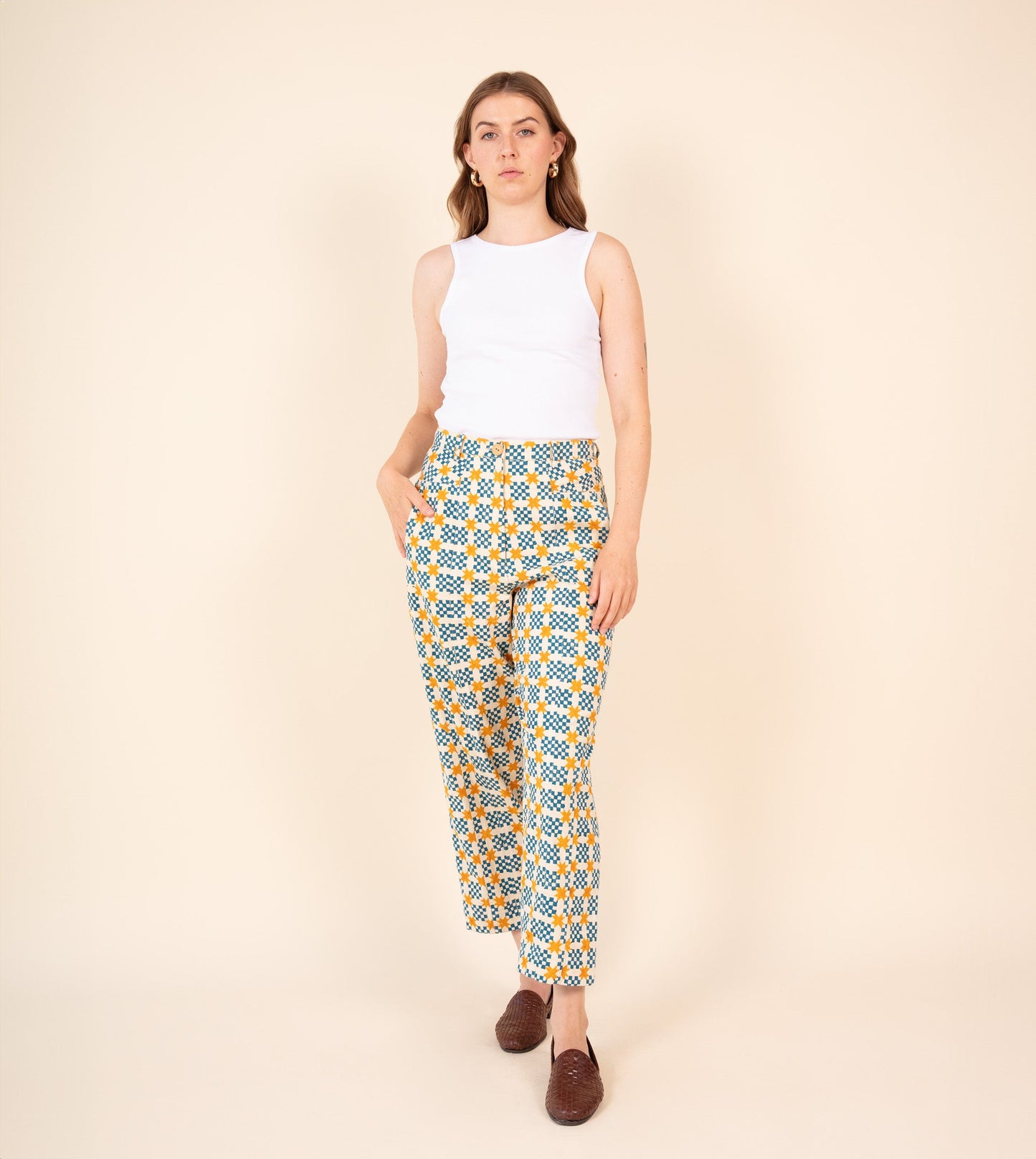 Emi Pants Star Gingham - Harkoi Studio - Add a playful touch to your wardrobe with the Emi Pants in star gingham. Keywords: sustainable pants, eco-friendly trousers, Emi Pants, star gingham trousers, ethical fashion.