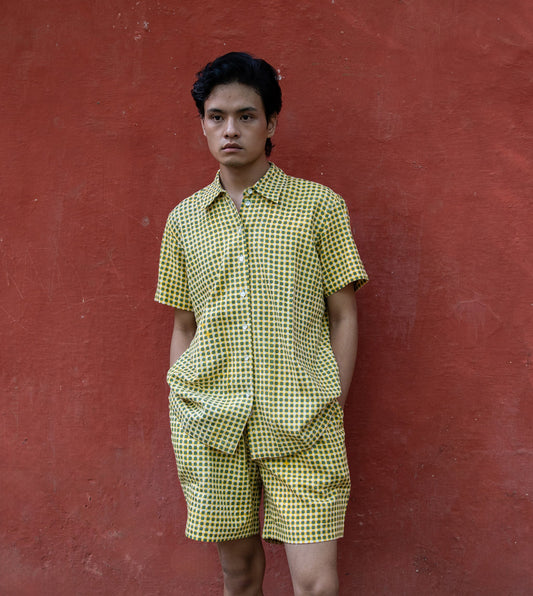 Mini Gingham Mens Shorts Yellow Green | Harkoi Studio - Add a touch of sophistication with the Mini Gingham, a sustainable- with precision and care. Keywords: mini, gingham, men, s, shorts, yellow, green, 1, sustainable 1, eco-friendly fashion, men s shorts yellow green.