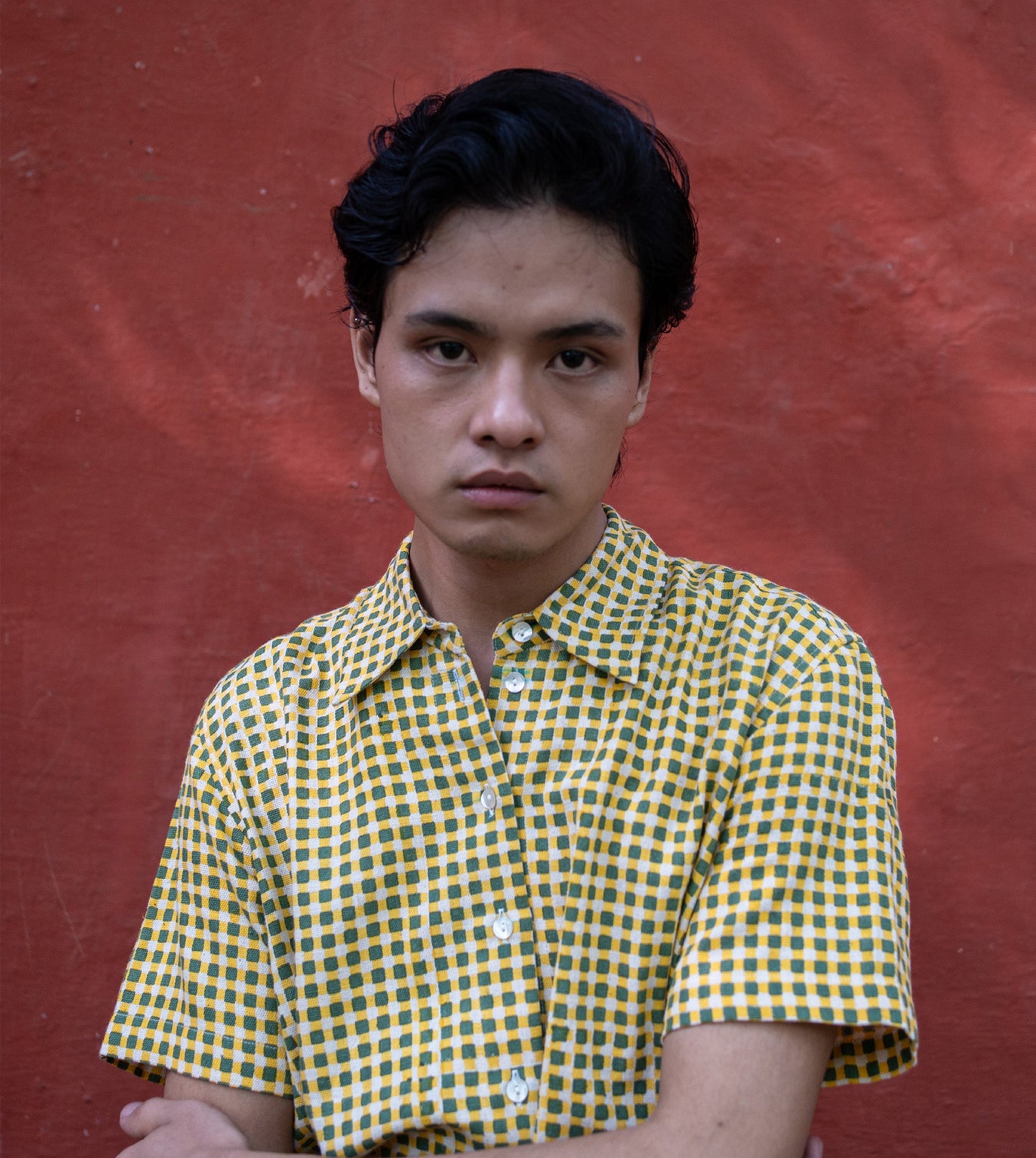 Mini Gingham MenŸ??s Shirt Green Yellow - Harkoi Studio - Upgrade your wardrobe with the Mini Gingham MenŸ??s Shirt in green & yellow. Keywords: sustainable men's shirt, eco-friendly menswear, Mini Gingham Shirt, green and yellow shirt, ethical fashion.