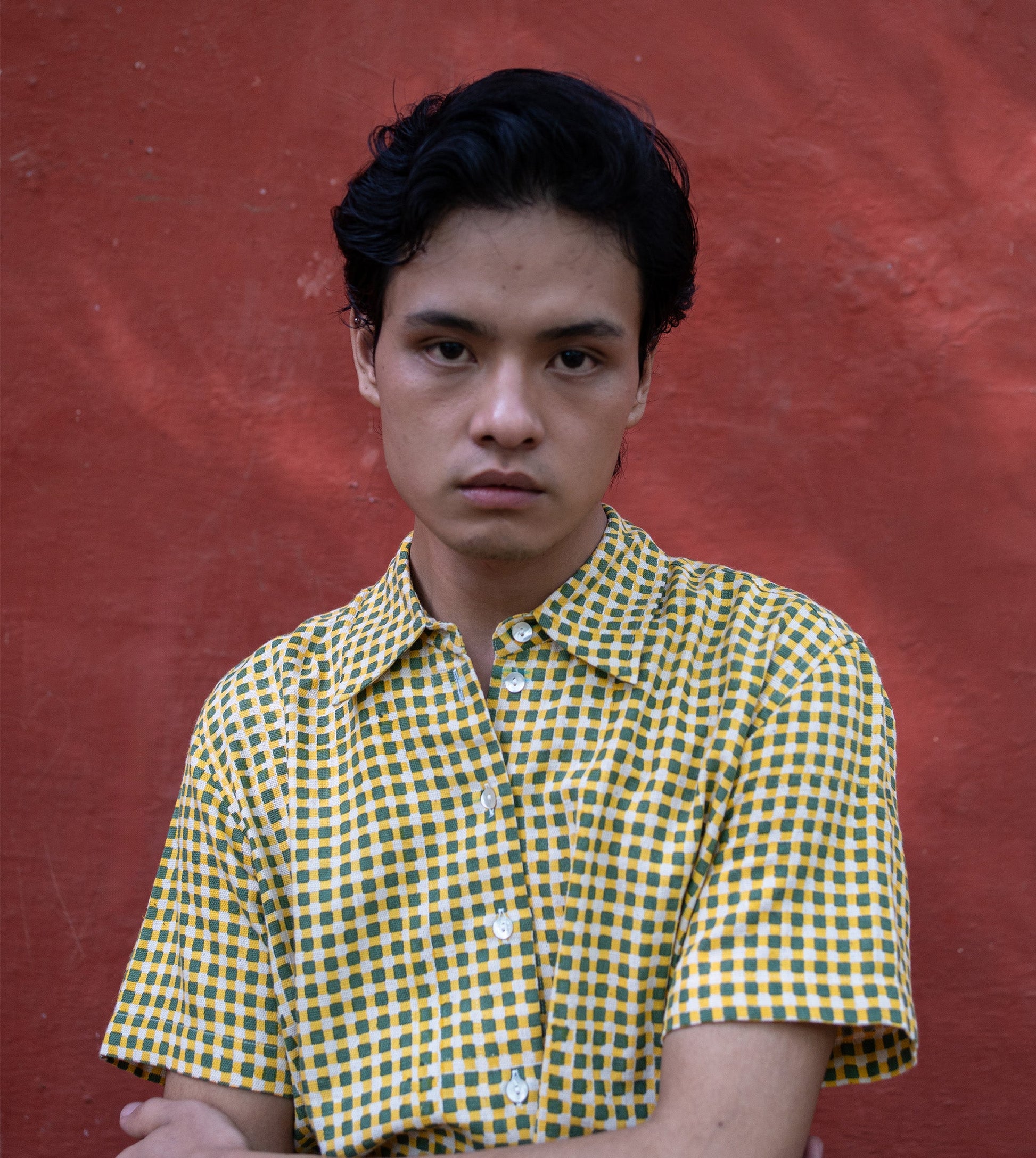 Mini Gingham MenŸ??s Shirt Green Yellow - Harkoi Studio - Upgrade your wardrobe with the Mini Gingham MenŸ??s Shirt in green & yellow. Keywords: sustainable men's shirt, eco-friendly menswear, Mini Gingham Shirt, green and yellow shirt, ethical fashion.