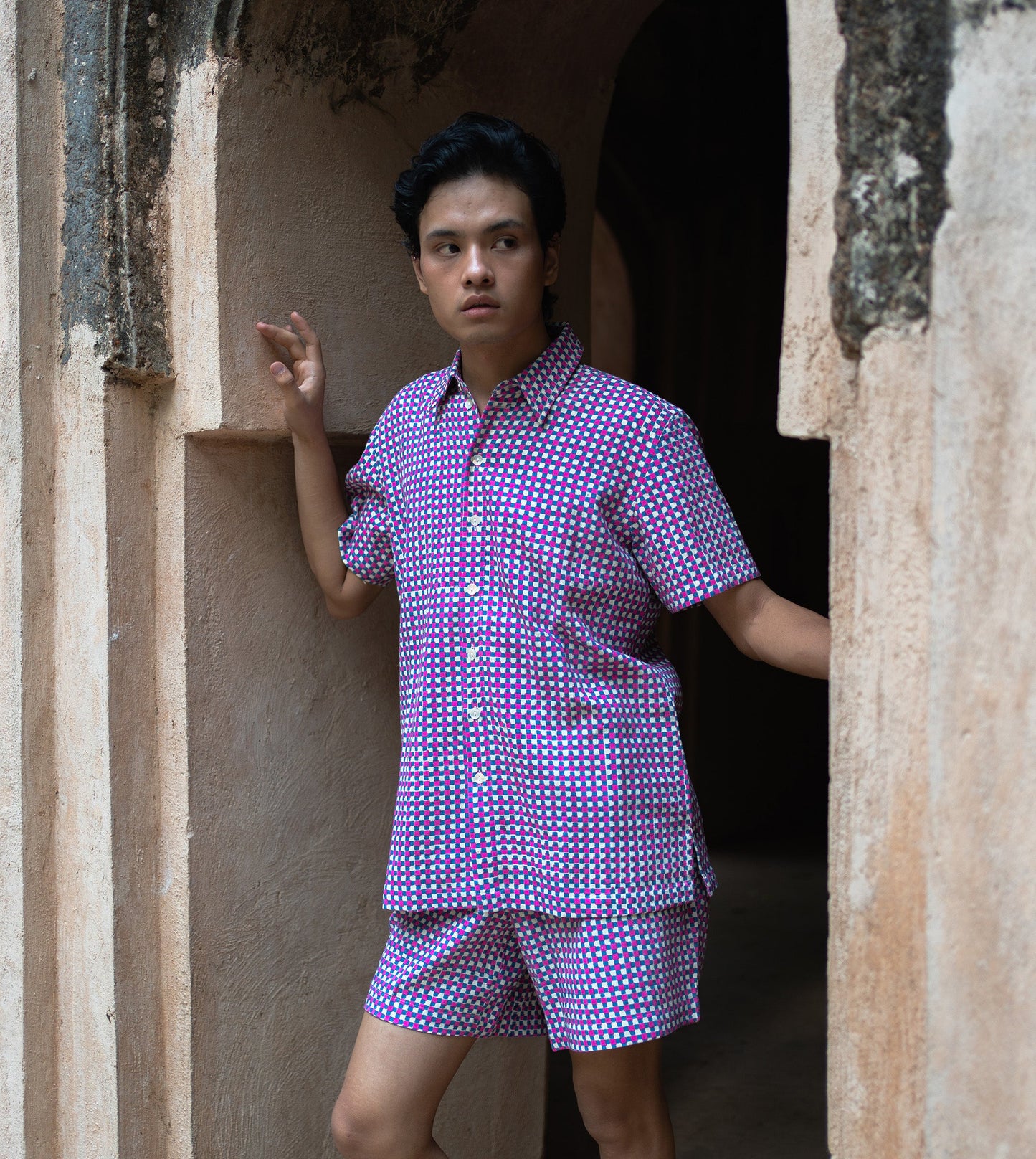 Mini Gingham Mens Shorts Pink Blue - Harkoi Studio - Unleash your creativity with the Mini Gingham, a sustainable  crafted with precision and care. Keywords: mini, gingham, men, s, shorts, pink, blue, sustainable blue, eco-friendly fashion, men s shorts pink.