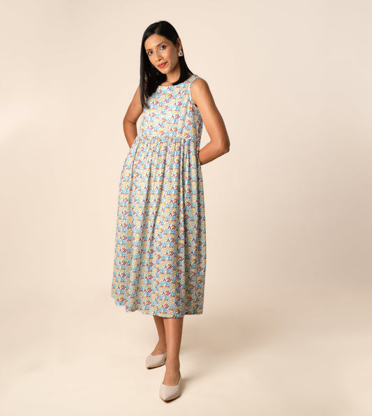 Suki Dress Girard | Harkoi Studio - Turn heads with the Suki Dress in the bold Girard pattern. Keywords: sustainable dress, eco-friendly fashion, Suki Dress, Girard-patterned dress, ethical clothing.