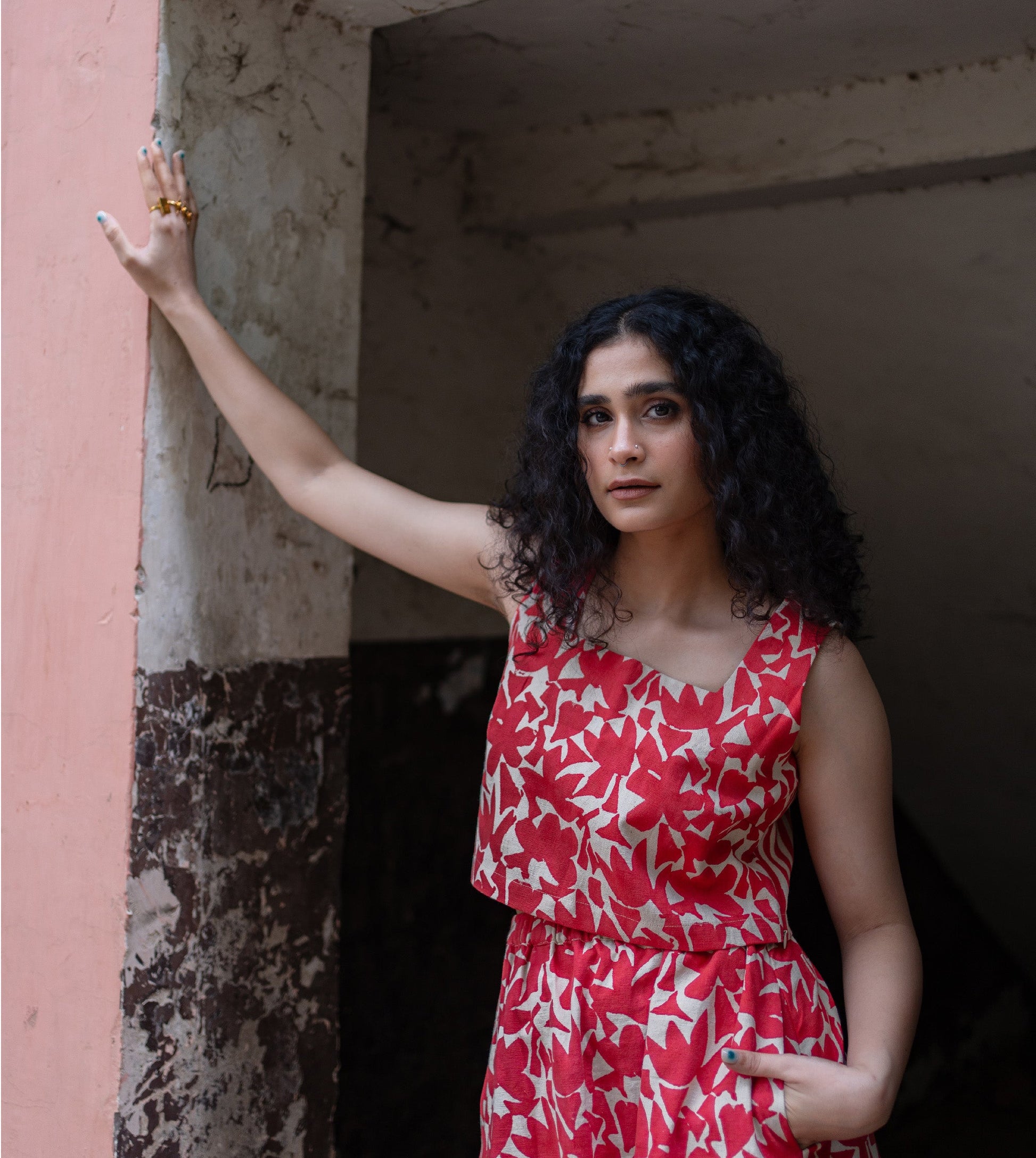 Dual Pattern Mei Top Red - Harkoi Studio - A timeless addition to your wardrobe, the Dual Pattern, a sustainable Ÿ?? crafted with precision and care. Keywords: dual, pattern, mei, top, red, sustainable red, eco-friendly fashion, mei top.