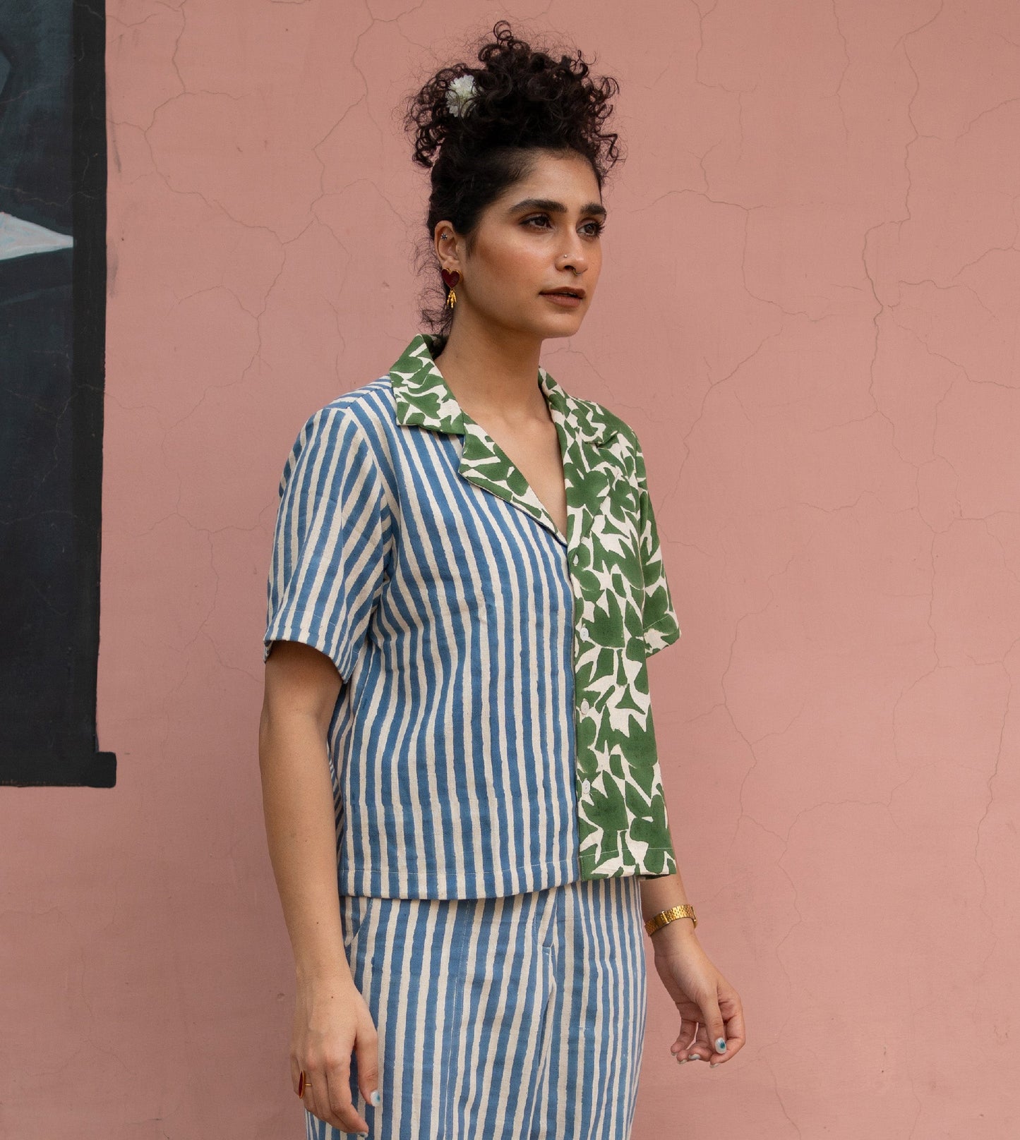 Dual Pattern Camp Collar Top Blue Green - Harkoi Studio - Fashioned to complement any outfit, the Dual Pattern, a sustainable Ÿ?? crafted with precision and care. Keywords: dual, pattern, camp, collar, top, blue, green, sustainable green, eco-friendly fashion, camp collar top blue.
