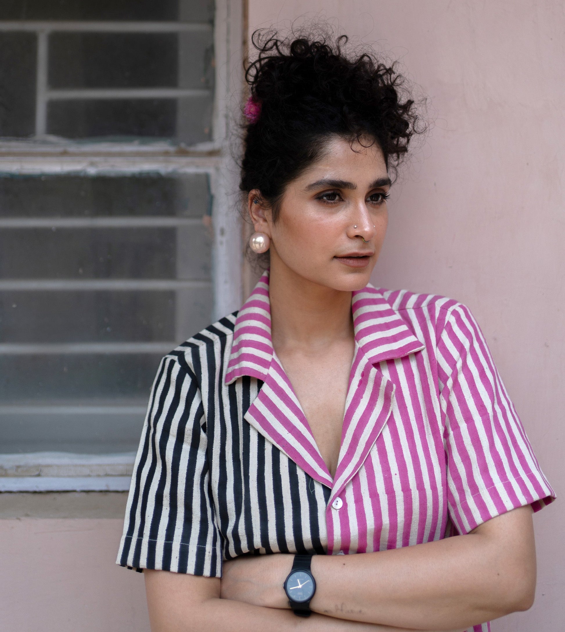 Dual Stripe Camp Collar Top Pink Black - Harkoi Studio - An ode to sustainable craftsmanship, the Dual Stripe, a sustainable Ÿ?? crafted with precision and care. Keywords: dual, stripe, camp, collar, top, pink, black, sustainable black, eco-friendly fashion, camp collar top pink.