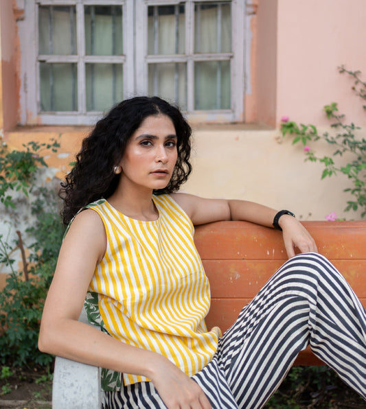Dual Pattern Akira Top Yellow Green - Harkoi Studio - Make a bold statement with the Dual Pattern, a sustainable Ÿ?? crafted with precision and care. Keywords: dual, pattern, akira, top, yellow, green, sustainable green, eco-friendly fashion, akira top yellow.