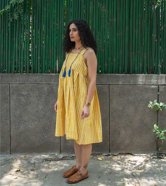 Stripes Hana Dress Yellow | Harkoi Studio - A reflection of sustainable luxury, the Stripes Hana, a sustainable- crafted with precision and care. Keywords: stripes, hana, dress, yellow, sustainable yellow, eco-friendly fashion, dress.