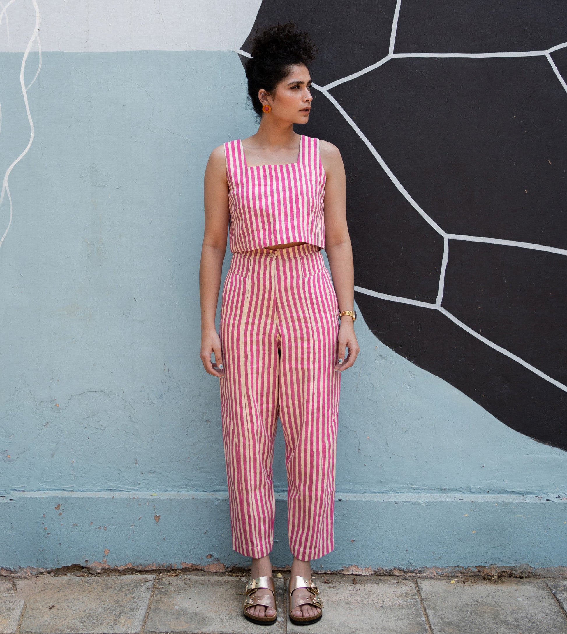 Stripes Emi Pants Pink - Harkoi Studio - Elevate your wardrobe with the Stripes Emi Pants in pink. Keywords: sustainable trousers, eco-friendly pants, Stripes Emi Pants, pink striped pants, ethical fashion.