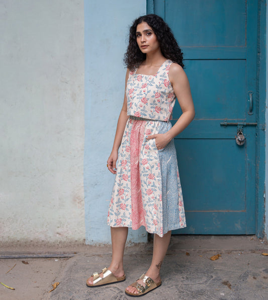 Rose Mosaic Yoko Skirt Pink Blue | Harkoi Studio - Turn heads with the Rose Mosaic Yoko Skirt in pink & blue. Keywords: sustainable skirt, eco-friendly fashion, Rose Mosaic Yoko Skirt, pink & blue skirt, ethical clothing.