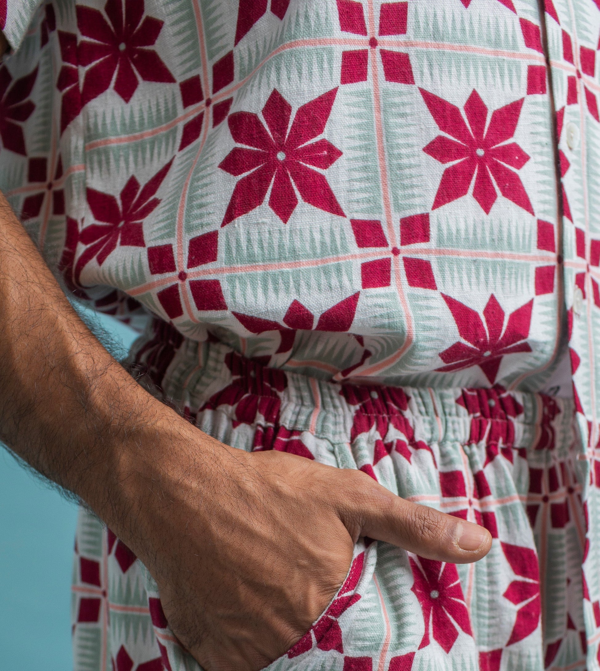 Floral Grid Arka Shirt Burgundy - Harkoi Studio - Make a statement with the Floral Grid Arka Shirt in burgundy. Keywords: sustainable mens shirt, eco-friendly fashion, Floral Grid Arka Shirt, burgundy shirt, ethical clothing.
