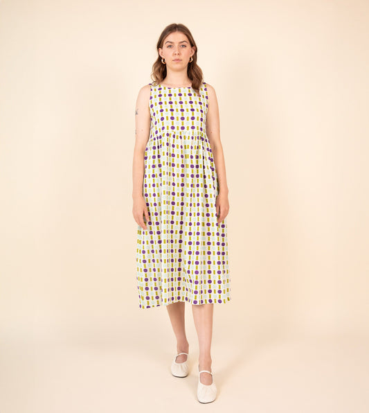 Stop-Gap Suki Dress - Green Purple - Harkoi - Make a statement with the Stop-Gap Suki Dress in green & purple. Keywords: sustainable dress, eco-friendly fashion, Stop-Gap Suki Dress, green and purple dress, ethical clothing.
