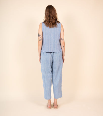 Haru Pants Cobalt Texture - Harkoi Studio - Upgrade your wardrobe with the Haru Pants in cobalt texture. Keywords: sustainable pants, eco-friendly trousers, Haru Pants, cobalt textured pants, ethical fashion.