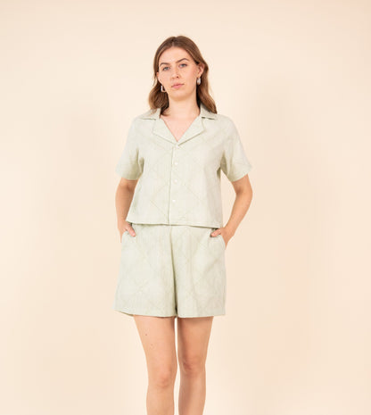 Radiate Rin Top Pale Green | Harkoi Studio - Embrace effortless elegance with the Radiate Rin Top in pale green. Keywords: sustainable top, eco-friendly fashion, Radiate Rin Top, pale green blouse, ethical clothing.