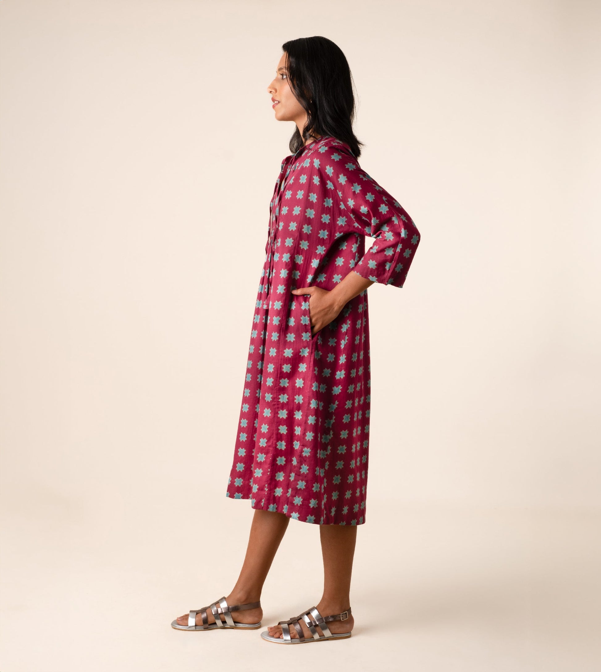 Kiyo Dress Star - Harkoi Studio - Shine in the Kiyo Dress with its unique star pattern. Keywords: sustainable dress, eco-friendly fashion, Kiyo Dress, star-patterned dress, ethical clothing.