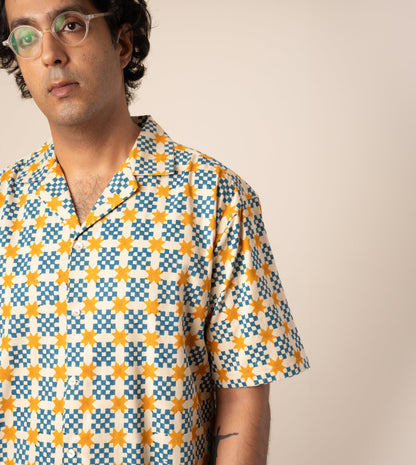 Kenji Shirt Star Gingham - Harkoi Studio - Upgrade your wardrobe with the Kenji Shirt in star gingham. Keywords: sustainable mens shirt, eco-friendly fashion, Kenji Shirt, star gingham shirt, ethical clothing.