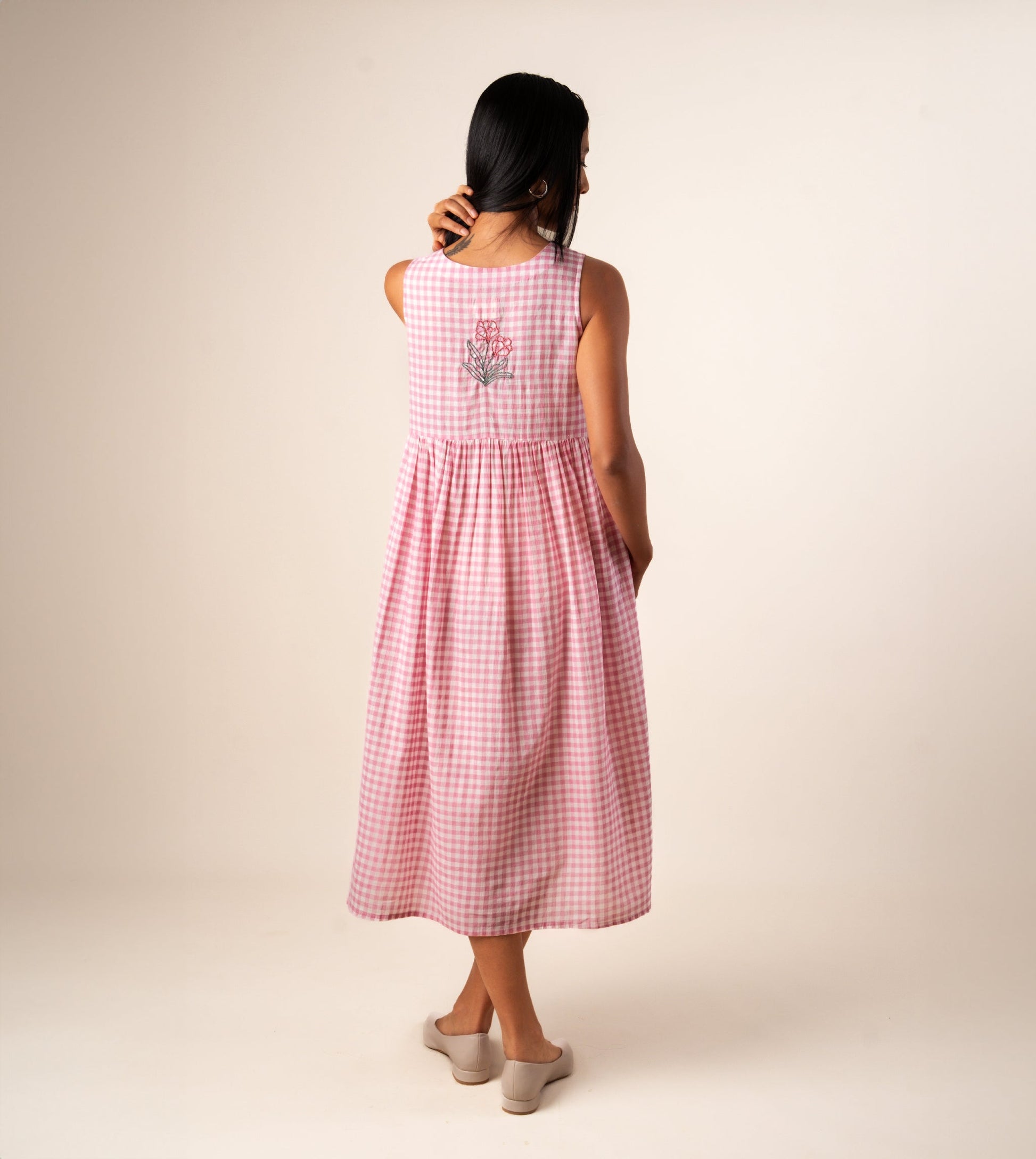 Suki Dress Gingham Embroidered - Harkoi Studio - Step into effortless elegance with the Suki Dress in embroidered gingham. Keywords: sustainable dress, eco-friendly clothing, Suki Dress, embroidered gingham dress, ethical fashion.
