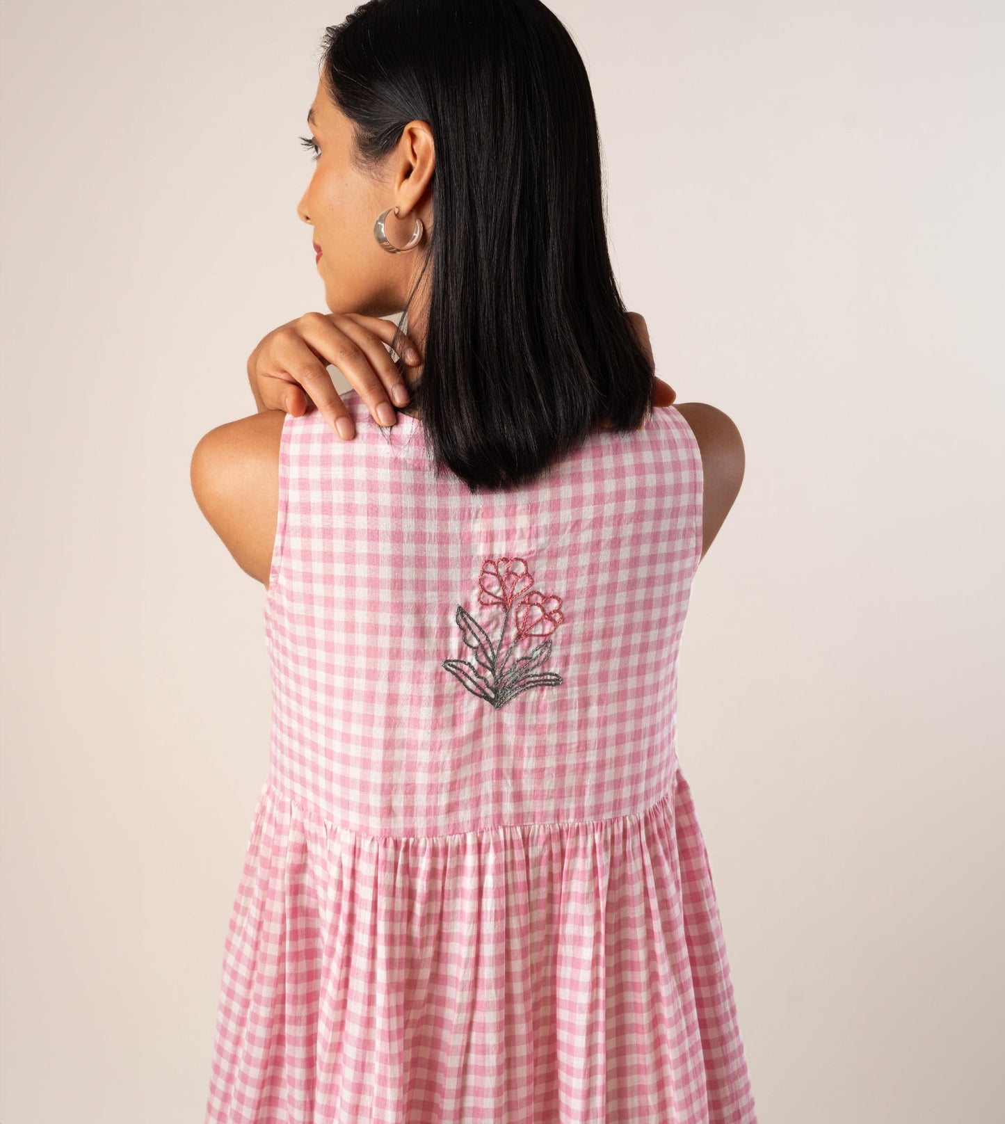 Suki Dress Gingham Embroidered - Harkoi Studio - Step into effortless elegance with the Suki Dress in embroidered gingham. Keywords: sustainable dress, eco-friendly clothing, Suki Dress, embroidered gingham dress, ethical fashion.