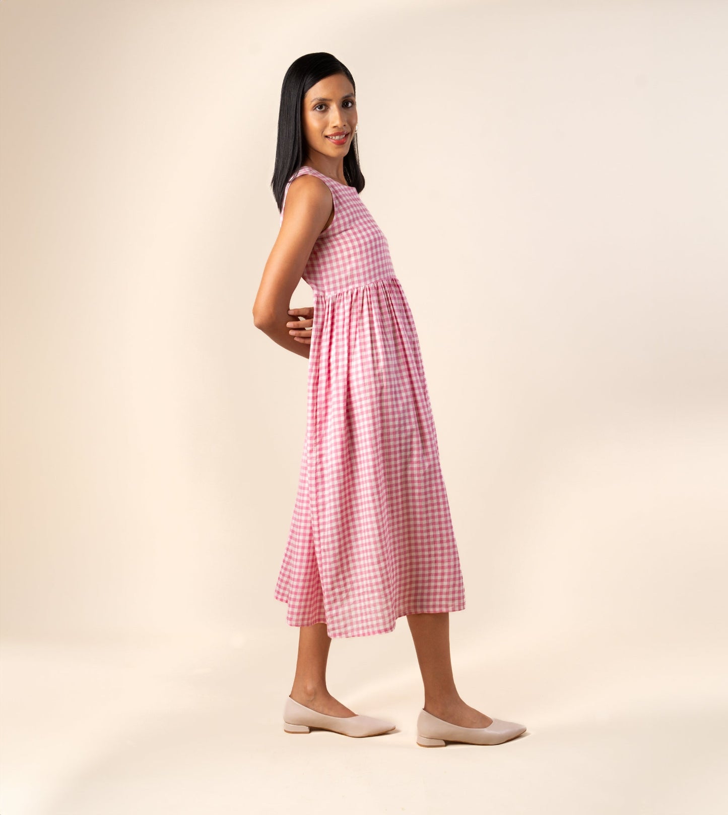 Suki Dress Gingham Embroidered - Harkoi Studio - Step into effortless elegance with the Suki Dress in embroidered gingham. Keywords: sustainable dress, eco-friendly clothing, Suki Dress, embroidered gingham dress, ethical fashion.