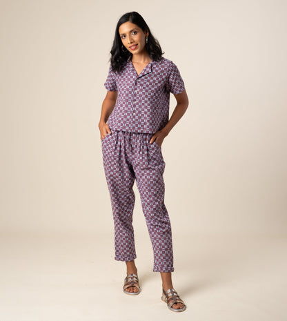 Rin Top in Dashing Check ? a handcrafted, sustainable women's camp collar top made from organic, hand-loomed 'kala' cotton. Ethically made in India.
