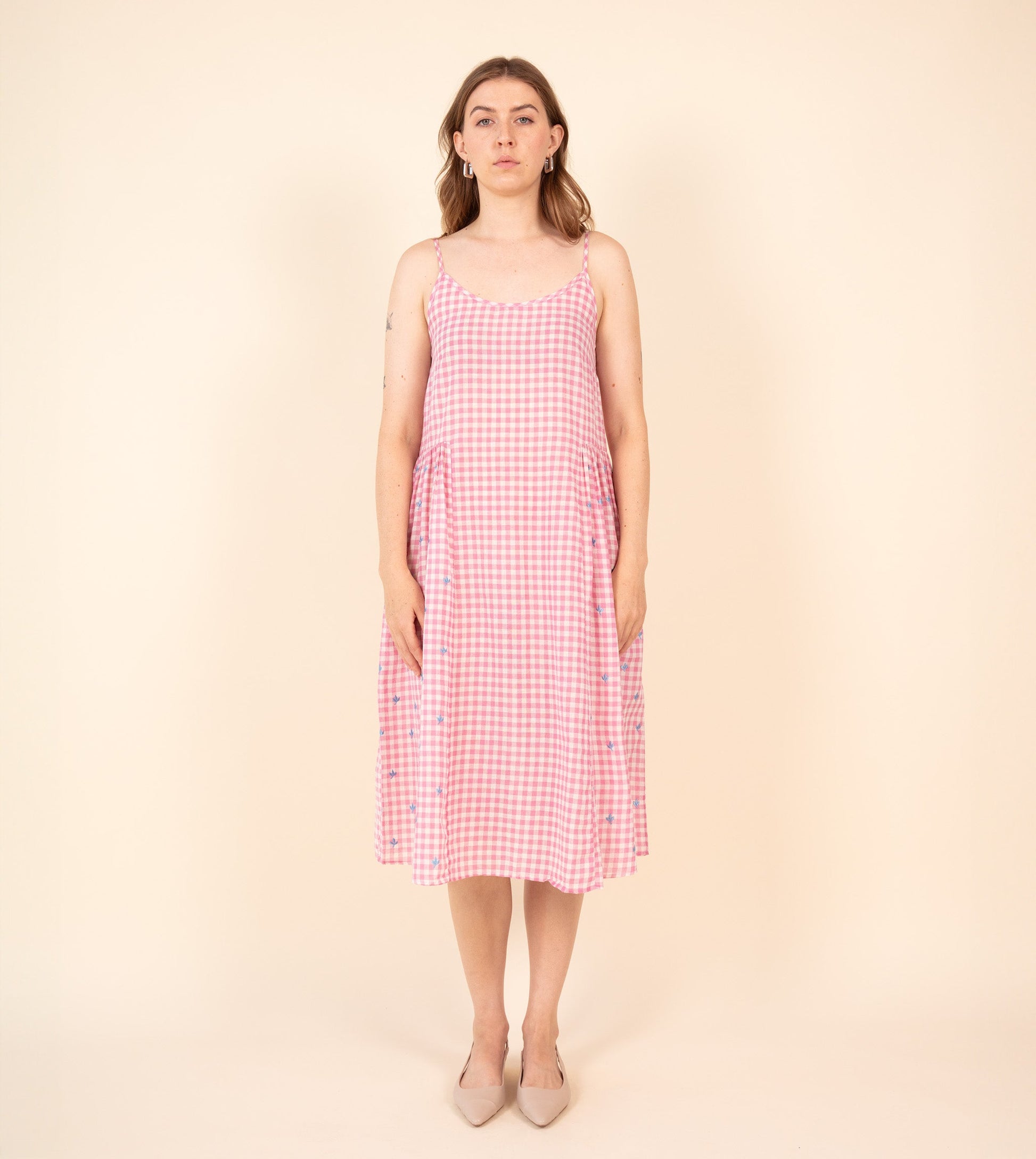 Suki Dress Gingham Embroidered | Harkoi Studio - Elevate your wardrobe with the Suki Dress in embroidered gingham. Keywords: sustainable dress, eco-friendly fashion, embroidered gingham dress, Suki Dress, ethical clothing.