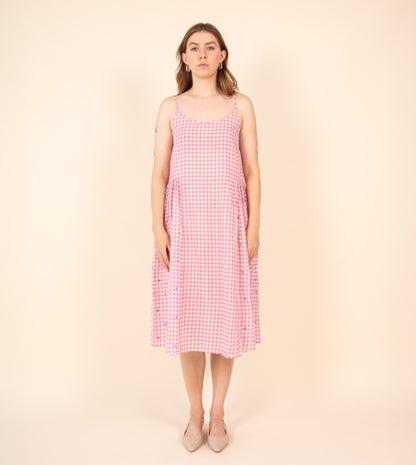 Suki Dress Gingham Embroidered | Harkoi Studio - Elevate your wardrobe with the Suki Dress in embroidered gingham. Keywords: sustainable dress, eco-friendly fashion, embroidered gingham dress, Suki Dress, ethical clothing.