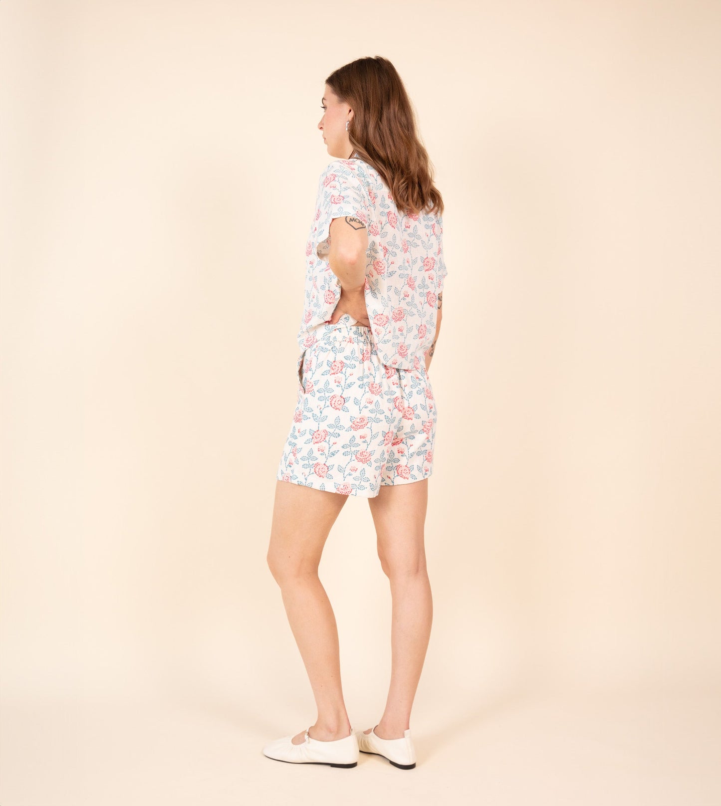 Ren Shorts Rose Mosaic - Harkoi Studio - Add a touch of artistry to your wardrobe with the Ren Shorts in Rose Mosaic. Keywords: sustainable shorts, eco-friendly fashion, Ren Shorts, rose mosaic shorts, ethical clothing.