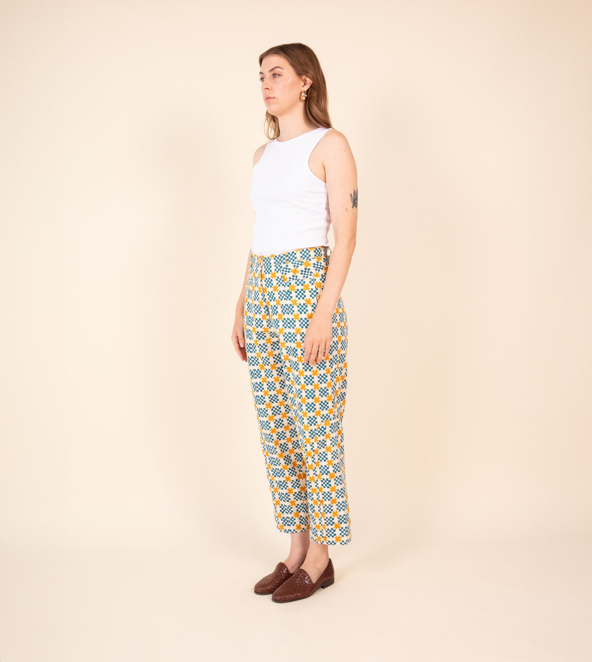 Emi Pants Star Gingham - Harkoi Studio - Add a playful touch to your wardrobe with the Emi Pants in star gingham. Keywords: sustainable pants, eco-friendly trousers, Emi Pants, star gingham trousers, ethical fashion.