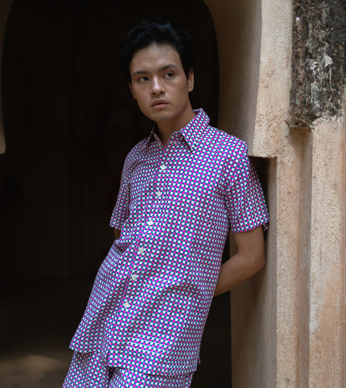 Mini Gingham Mens Shirt Pink Blue - Harkoi Studio - Elevate your everyday style with the Mini Gingham, a sustainable  crafted with precision and care. Keywords: mini, gingham, mens, shirt, pink, blue, sustainable blue, eco-friendly fashion, mens shirt pink.