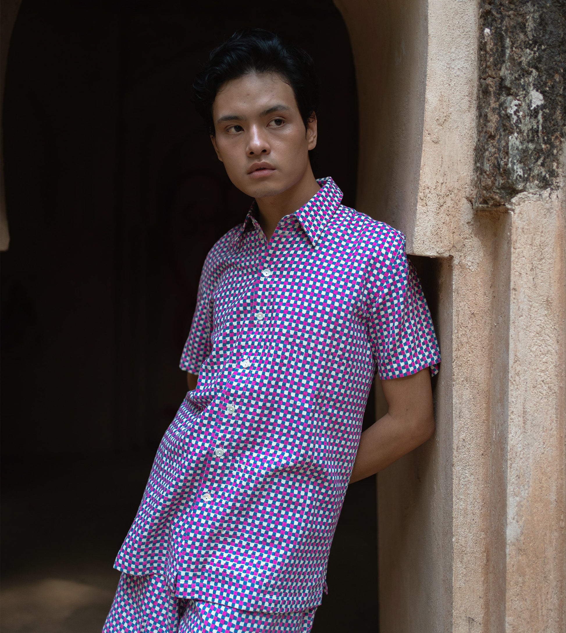 Mini Gingham Mens Shirt Pink Blue - Harkoi Studio - Elevate your everyday style with the Mini Gingham, a sustainable  crafted with precision and care. Keywords: mini, gingham, mens, shirt, pink, blue, sustainable blue, eco-friendly fashion, mens shirt pink.