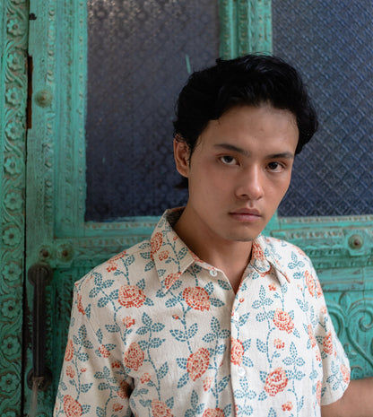 Rose Mosaic Mens Shirt Rust Blue | Harkoi Studio - Experience effortless charm in the Rose Mosaic, a sustainable- with precision and care. Keywords: rose, mosaic, mens, shirt, rust, blue, sustainable blue, eco-friendly fashion, mens shirt rust.