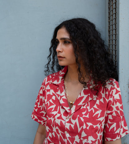 Abstract Shapes Camp Collar Top Red - Harkoi Studio - An embodiment of contemporary chic, the Abstract Shapes, a sustainable Ÿ?? crafted with precision and care. Keywords: abstract, shapes, camp, collar, top, red, sustainable red, eco-friendly fashion, camp collar top.