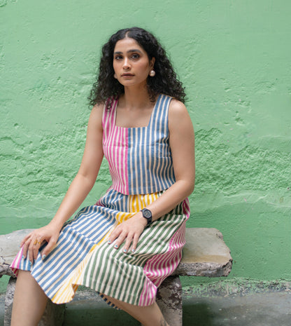 Stripes Yoko Skirt Multi - Harkoi Studio - Add a splash of color to your wardrobe with the Stripes Yoko Skirt in multi-color. Keywords: sustainable skirt, eco-friendly fashion, Stripes Yoko Skirt, multi-color skirt, ethical clothing.