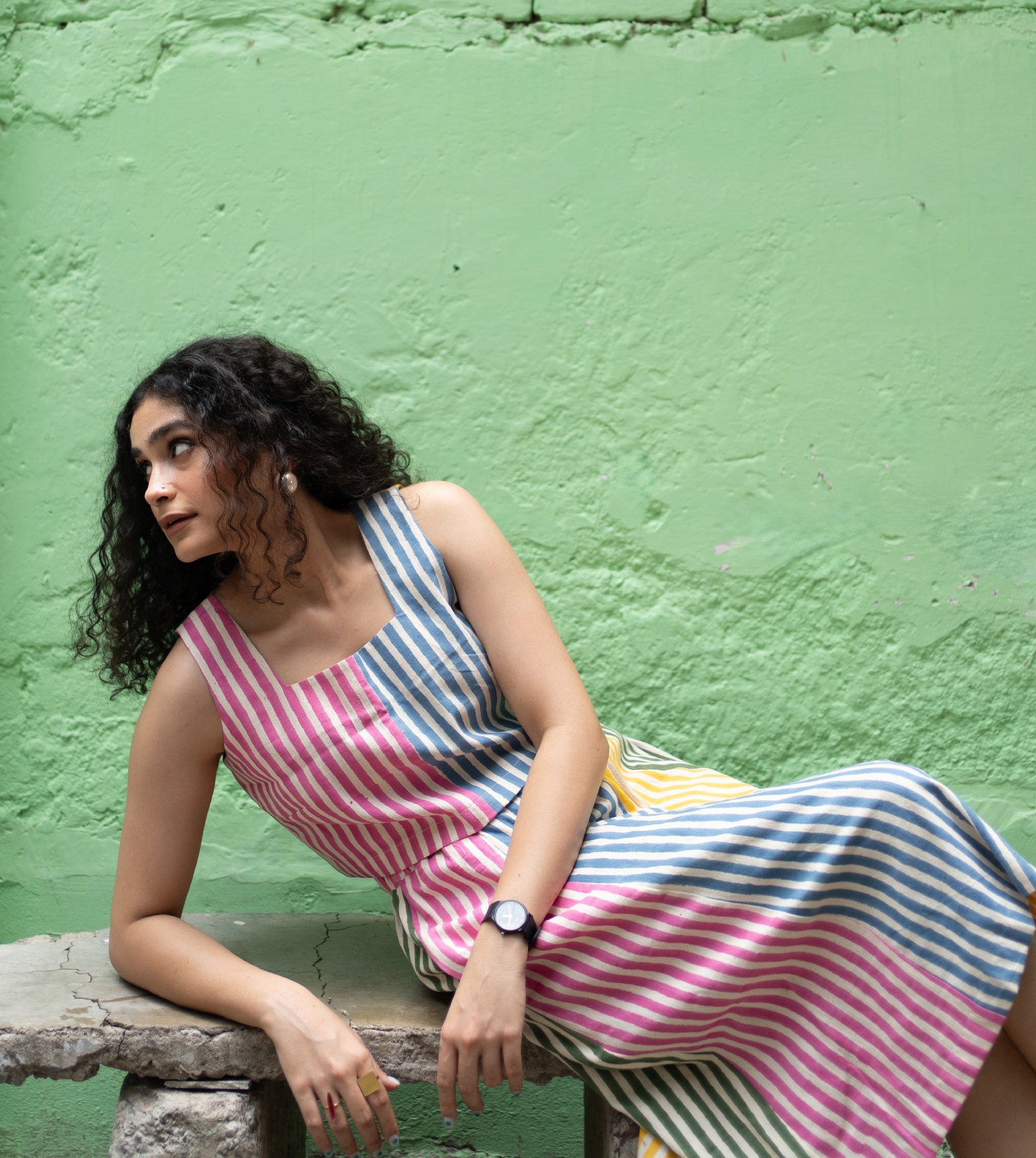 Stripes Yoko Skirt Multi - Harkoi Studio - Add a splash of color to your wardrobe with the Stripes Yoko Skirt in multi-color. Keywords: sustainable skirt, eco-friendly fashion, Stripes Yoko Skirt, multi-color skirt, ethical clothing.