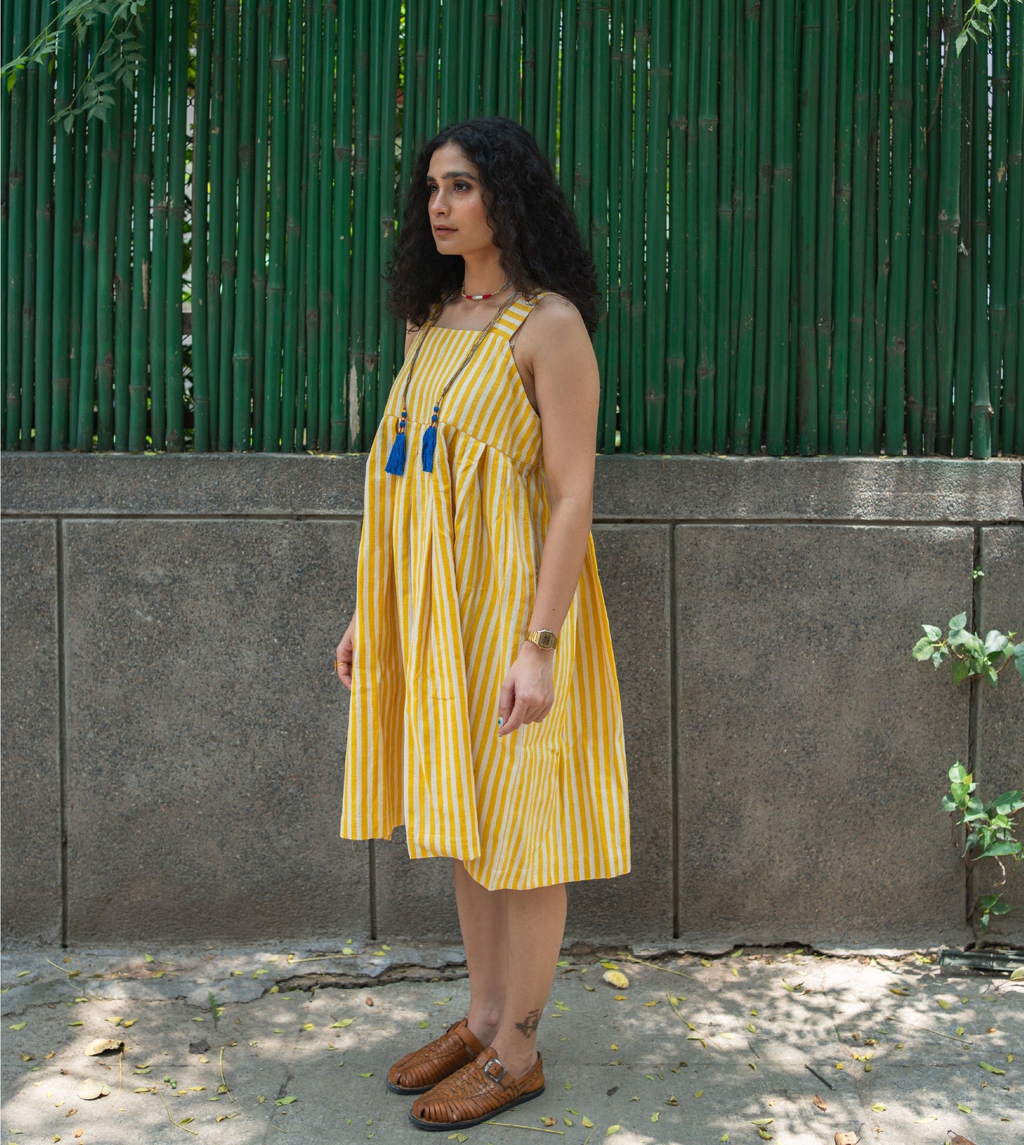 Stripes Hana Dress Yellow | Harkoi Studio - A reflection of sustainable luxury, the Stripes Hana, a sustainable- crafted with precision and care. Keywords: stripes, hana, dress, yellow, sustainable yellow, eco-friendly fashion, dress.