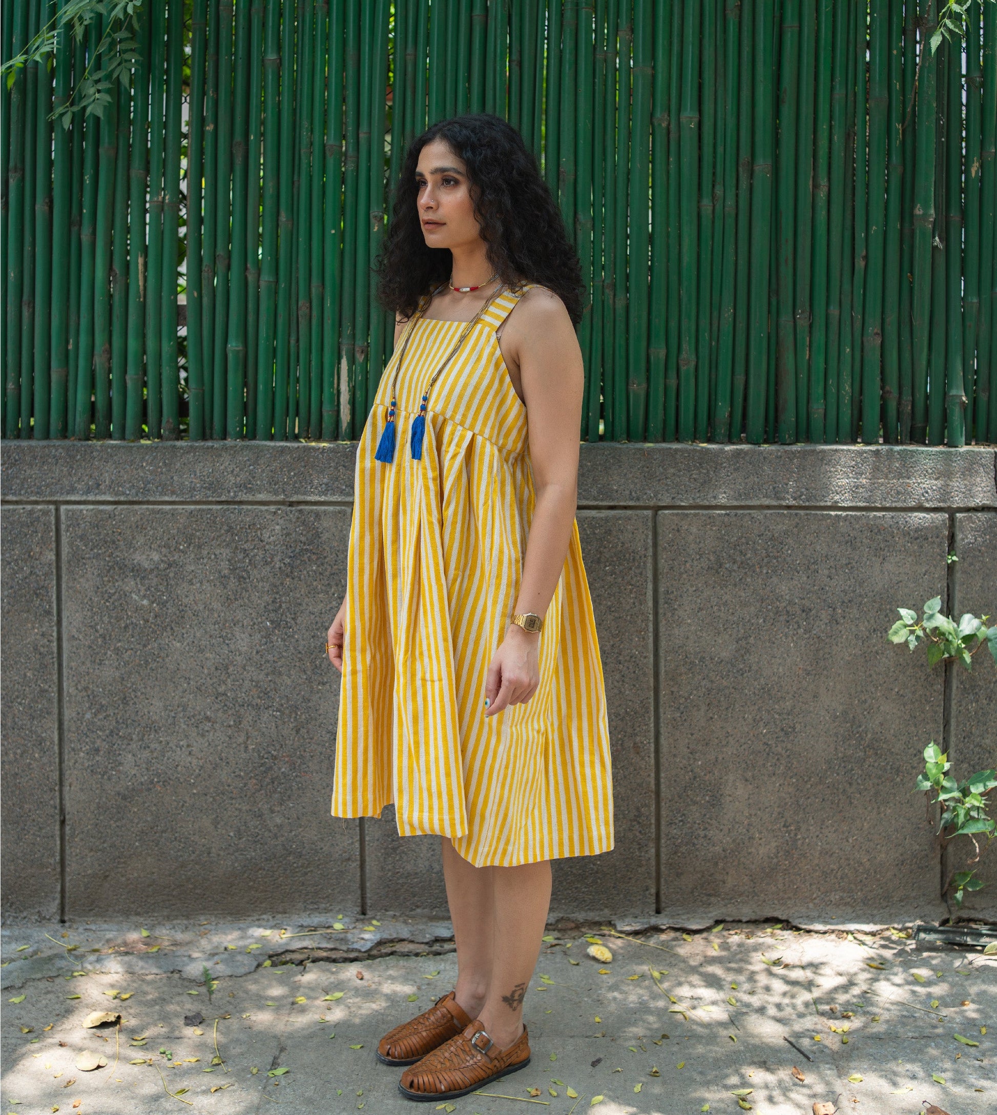 Stripes Hana Dress Yellow | Harkoi Studio - A reflection of sustainable luxury, the Stripes Hana, a sustainable- crafted with precision and care. Keywords: stripes, hana, dress, yellow, sustainable yellow, eco-friendly fashion, dress.
